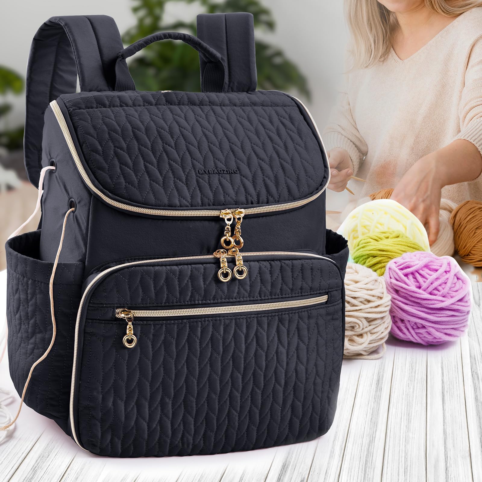 MYBAGZING Borsa a maglia, grande zaino all'uncinetto, organizer per uncinetto, organizer per filati, porta filati con 10 tasche per accessori all'uncinetto, per lavori a maglia e all'uncinetto, regalo
