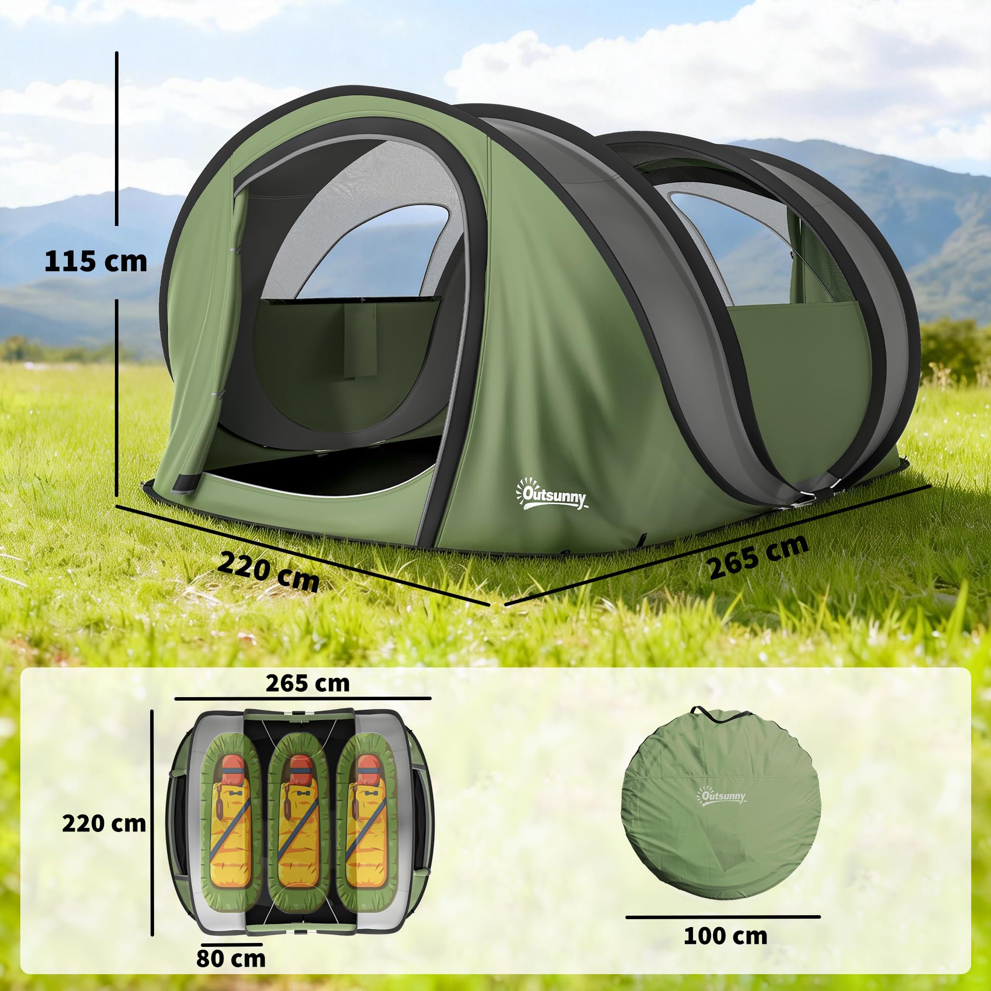Outsunny Tenda da Campeggio Pop Up 4 Persone, Impermeabile 3000mm, con Borsa, Verde
