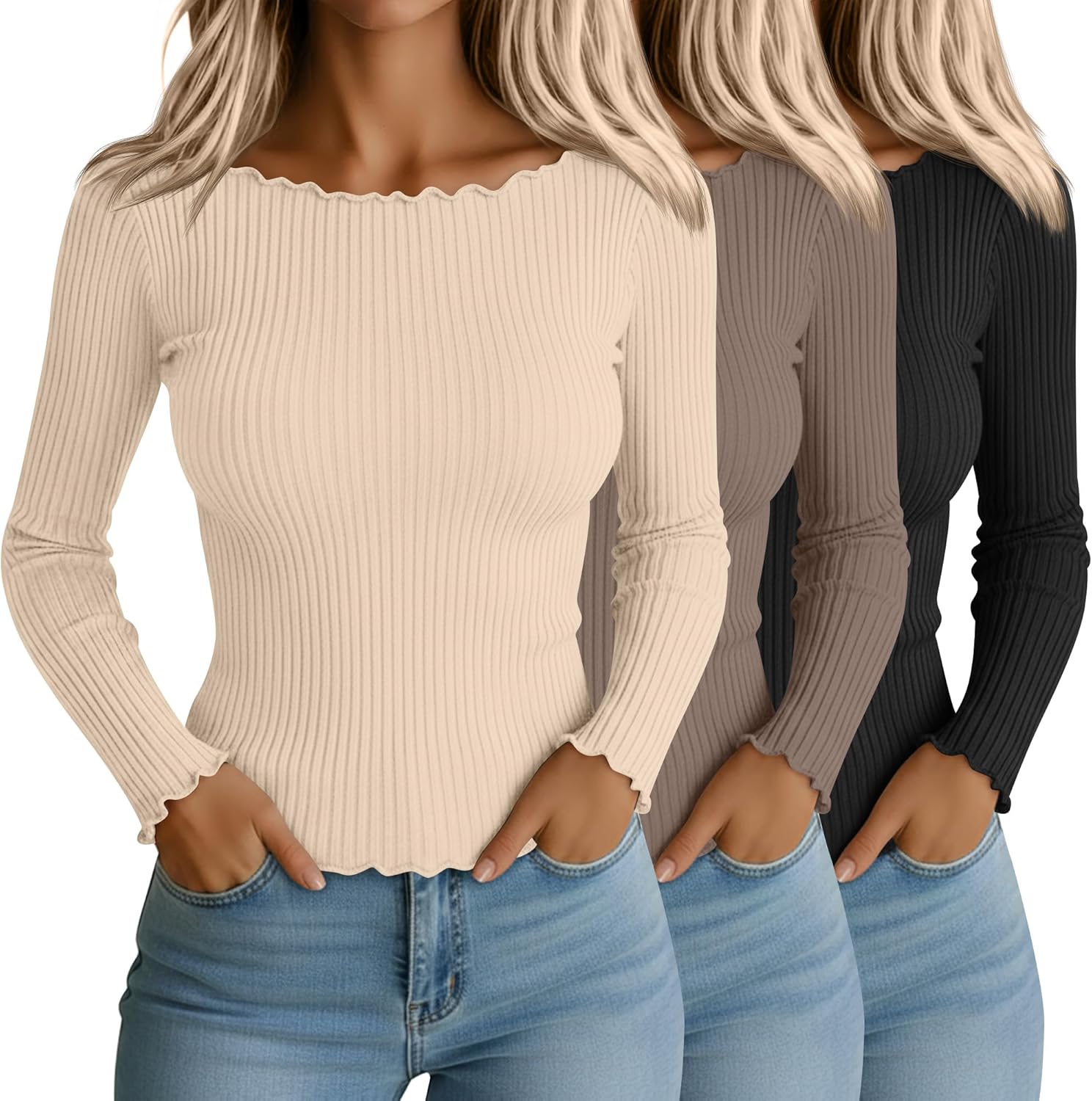 Size M Riyiper 3 Pack Women's Long Sleeve Shirts Ribbed Cotton Boat Neck Tops Lettuce Trim Underscrub Slim Fit Casual Basic Tees Black, Brown, Beige Medium