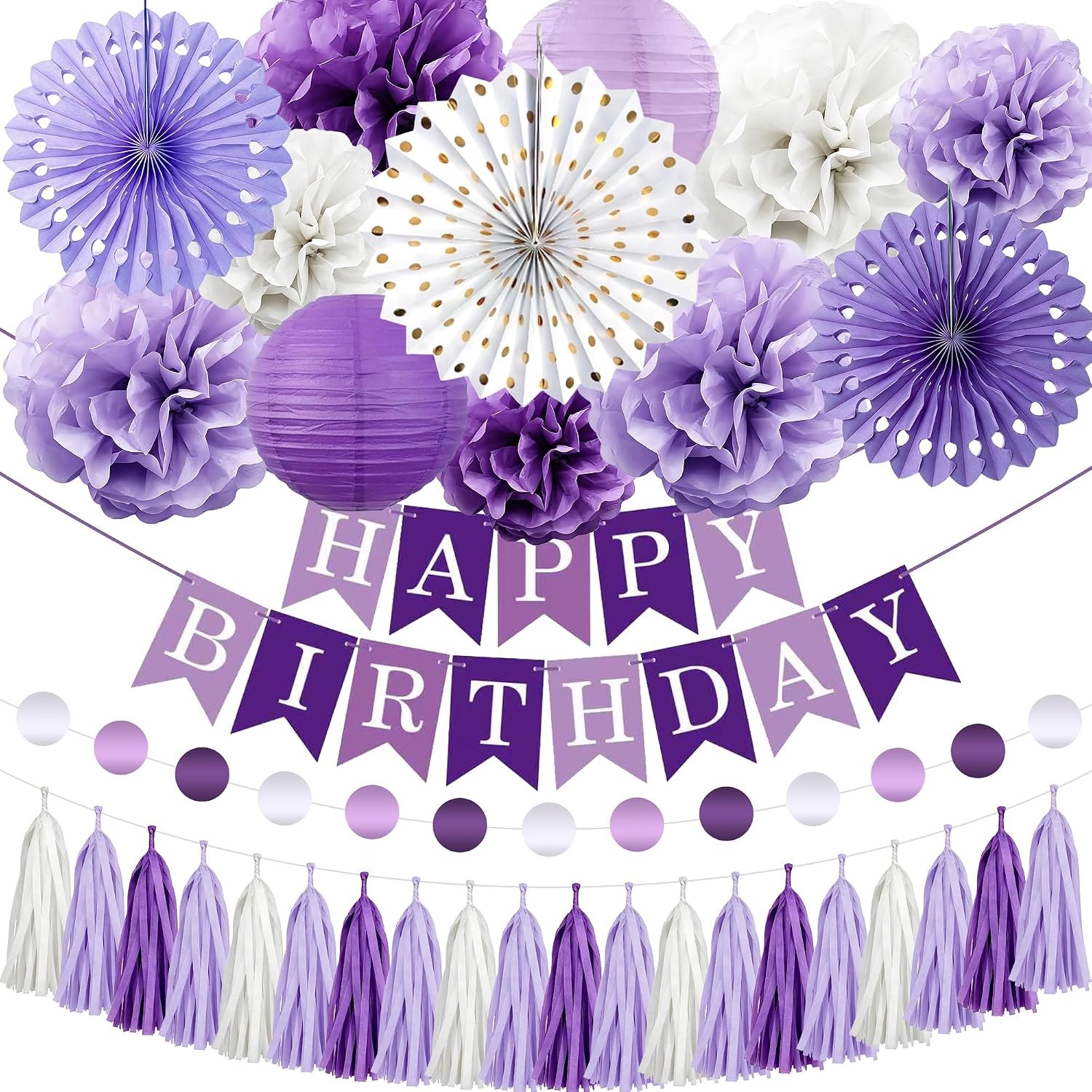 Light-Purple Birthday Party Decorations - 34pcs Women Girls Paper Lanterns Streamers Banner, Lavender Lilac White Tissue Pom Poms Decor, Flower Fans Tassels Graland Backdrop Supplies HOPULARITY