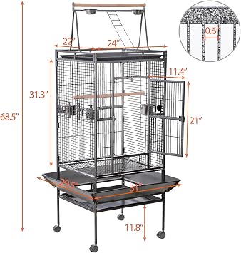 HSM 68 Inch Wrought Iron Large Bird Flight Cage with Rolling Stand | Bird Flight Cage Casters, Slide-out Tray for African Grey Parrot Parakeets Canaries Parrot Cockatiels Lovebirds Conures