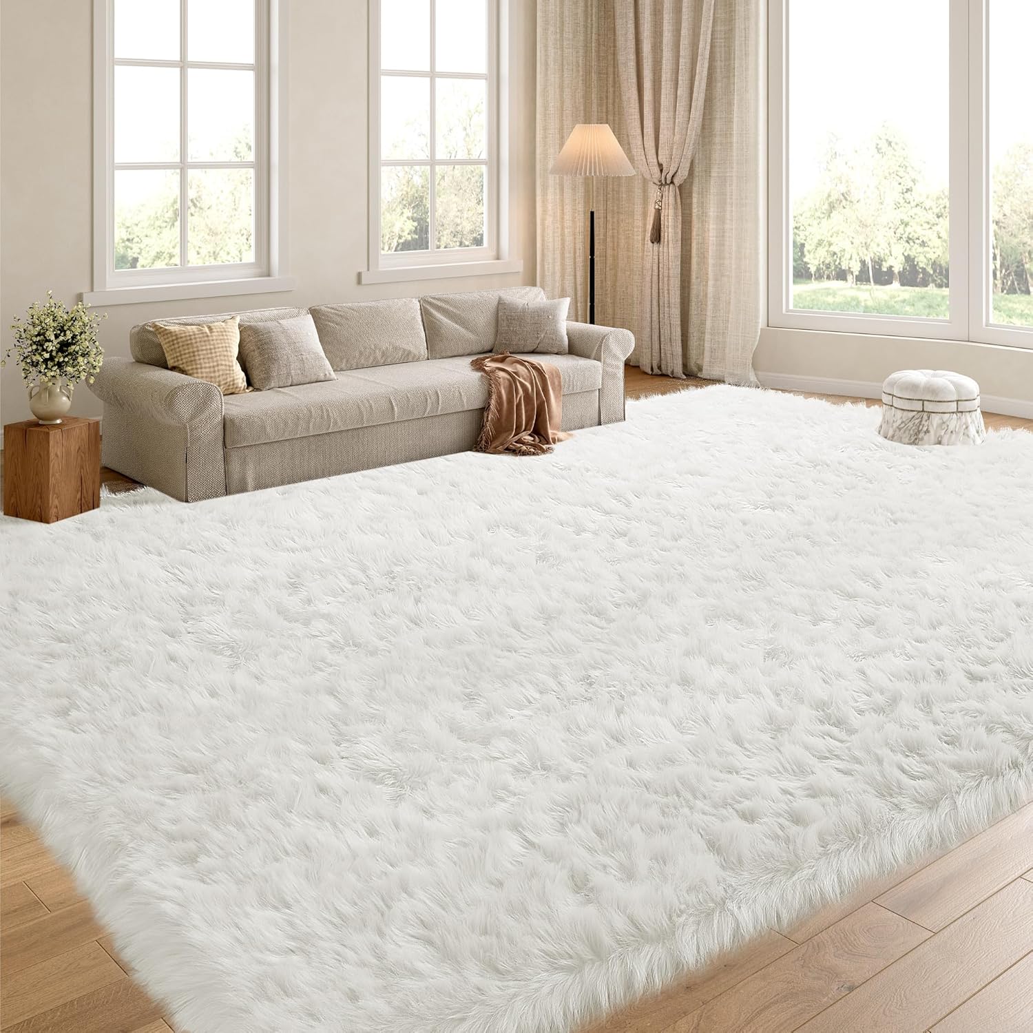 HOMBYS 10x10 Oversized Faux Fur Area Rug for Living Room Bedroom, Super Soft & Fluffy White Faux Sheepskin Play Carpet for Kids Children, Luxury Plush Furry Décor Shaggy Feet Mat for Bedside 10' x 10' (Square) Creamy White