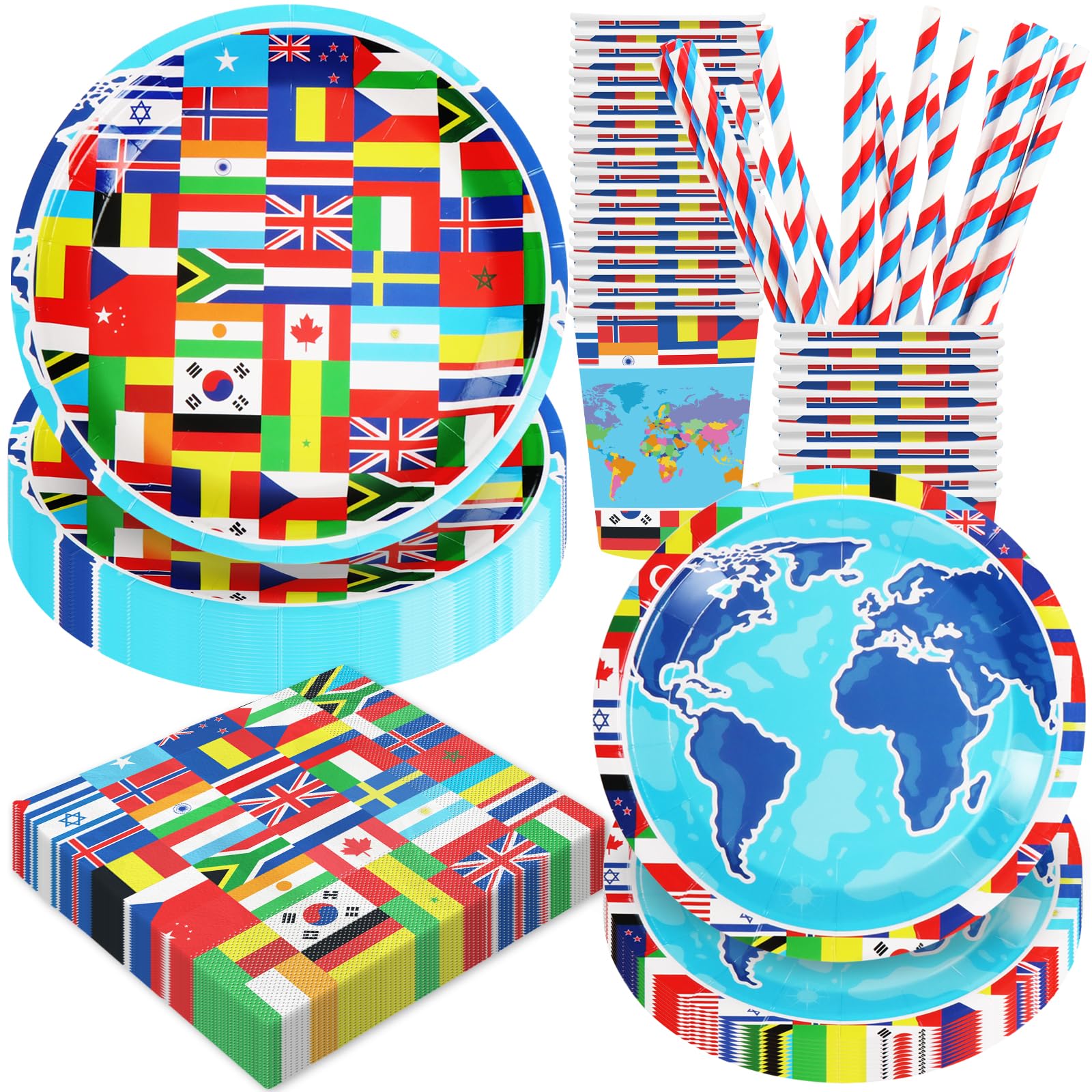 International World Flags Party Decorations, 120Pcs International Flags Themed Party Supplies Tableware Includes Paper Plates, Napkins, Cups and Straws for Travel Trip Around the Globe, Serves 24