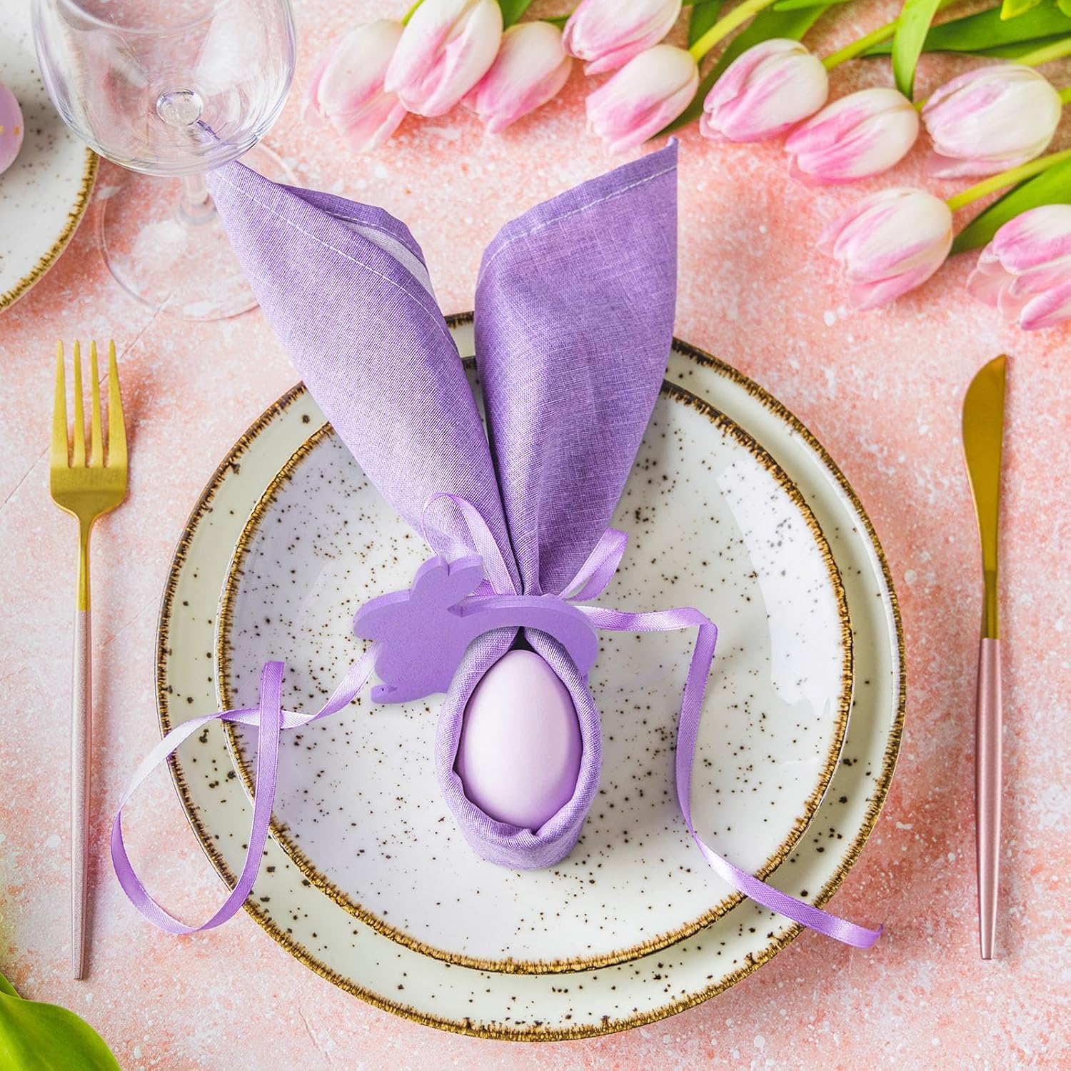 Whaline 10 Sets Easter Pastel Cloth Napkins with Wooden Bunny Napkin Rings 5 Colors Rabbit Napkins Holders for Spring Holiday Party Dinner Table Setting Decor Supplies