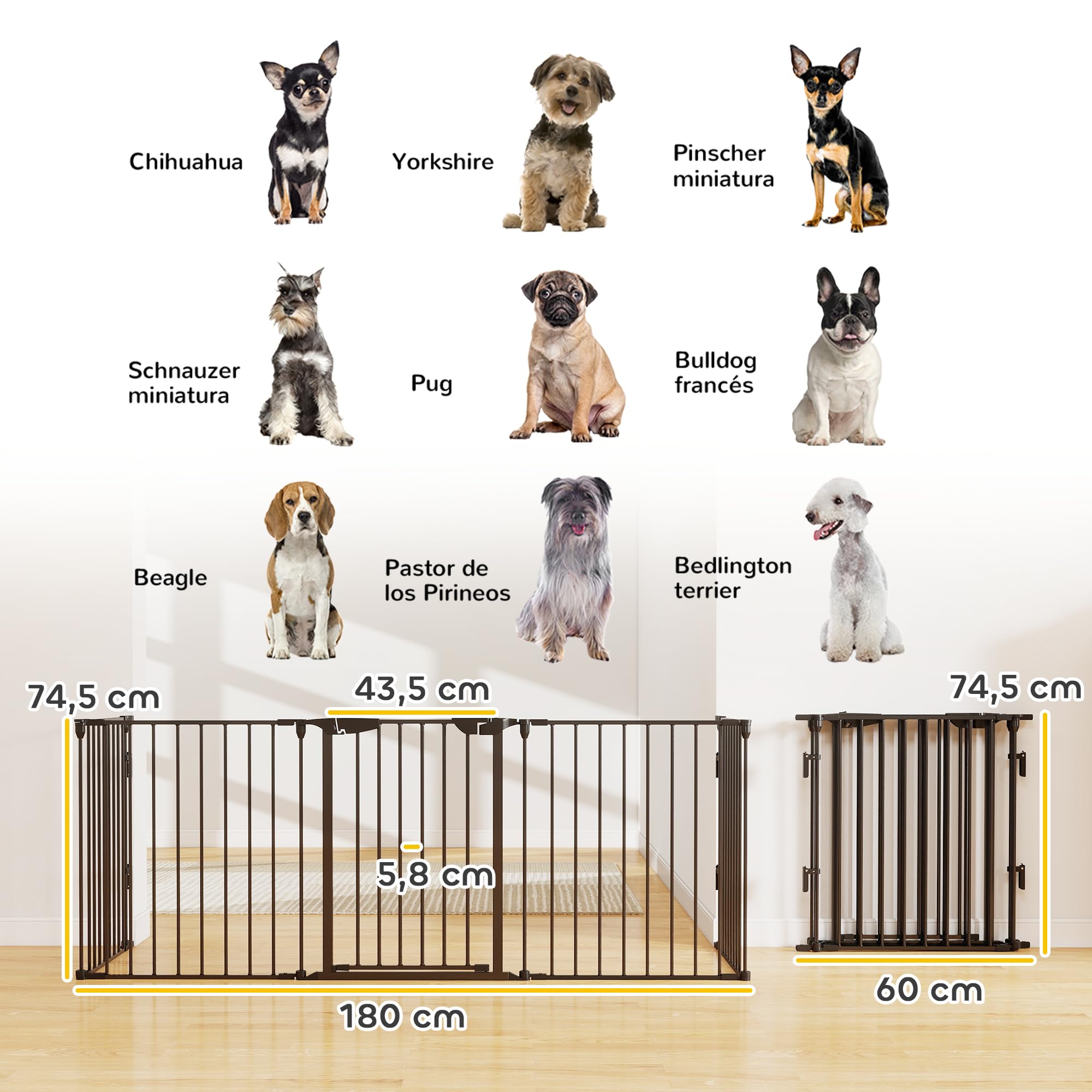 PawHut Barrera para Perros Plegable 300x74,5 cm Valla para Mascotas de 5 Paneles con Cierre Automático Barrera de Seguridad para Escalera Pasillo Negro