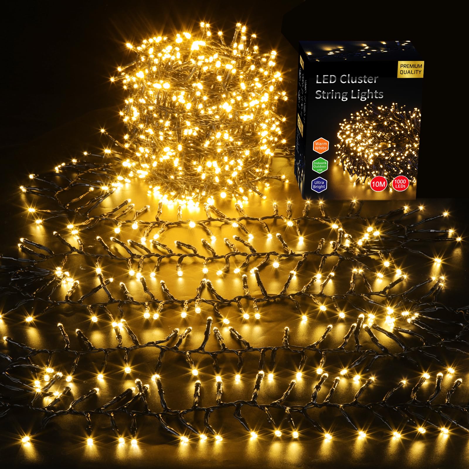 ELKTRY Christmas Cluster Lights,1000LED Warm White Christmas Tree Lights 10M,8 Modes&Memory Function with Dark Wire