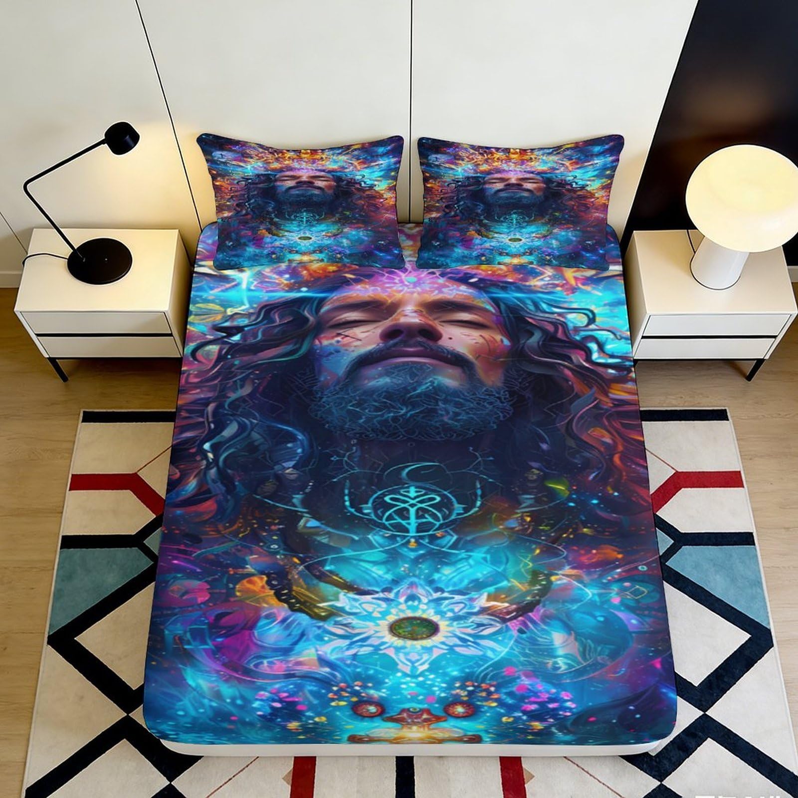 Tjiqhvmrn Style-9 3D Printed Mystic Art Fitted Sheet Microfiber Deep Pocket Non-Slip Bedroom Bedding Adult Youth Mystic Pattern Mattress Fitted Cover Full Wrap Washable 90X200x25cm
