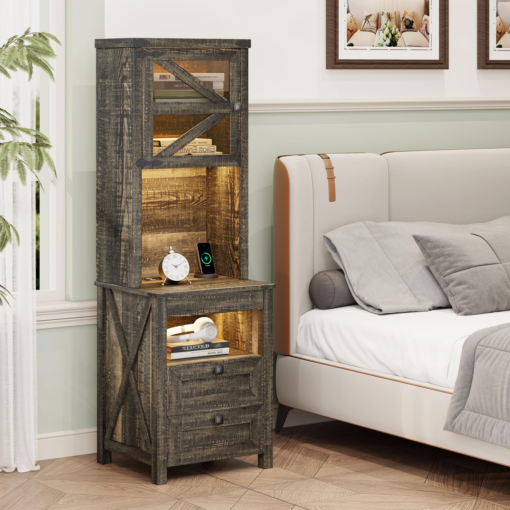 FREDEES Rustic Tall Night Stand with Charging Station, Bedside Table with Drawers & Adjustable Shelves, LED Nightstand with Gun Drawer, Farmhouse End