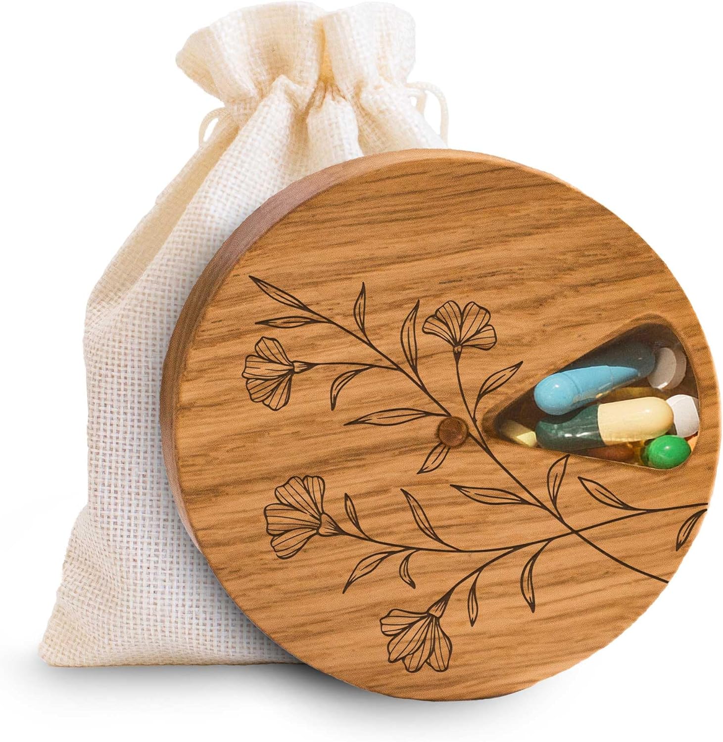 Makety Wooden Weekly Pill Organizer - 7 Day Round Pill Box with Magnetic Lid, Compact Travel Medicine Holder - Natural Oak Wood