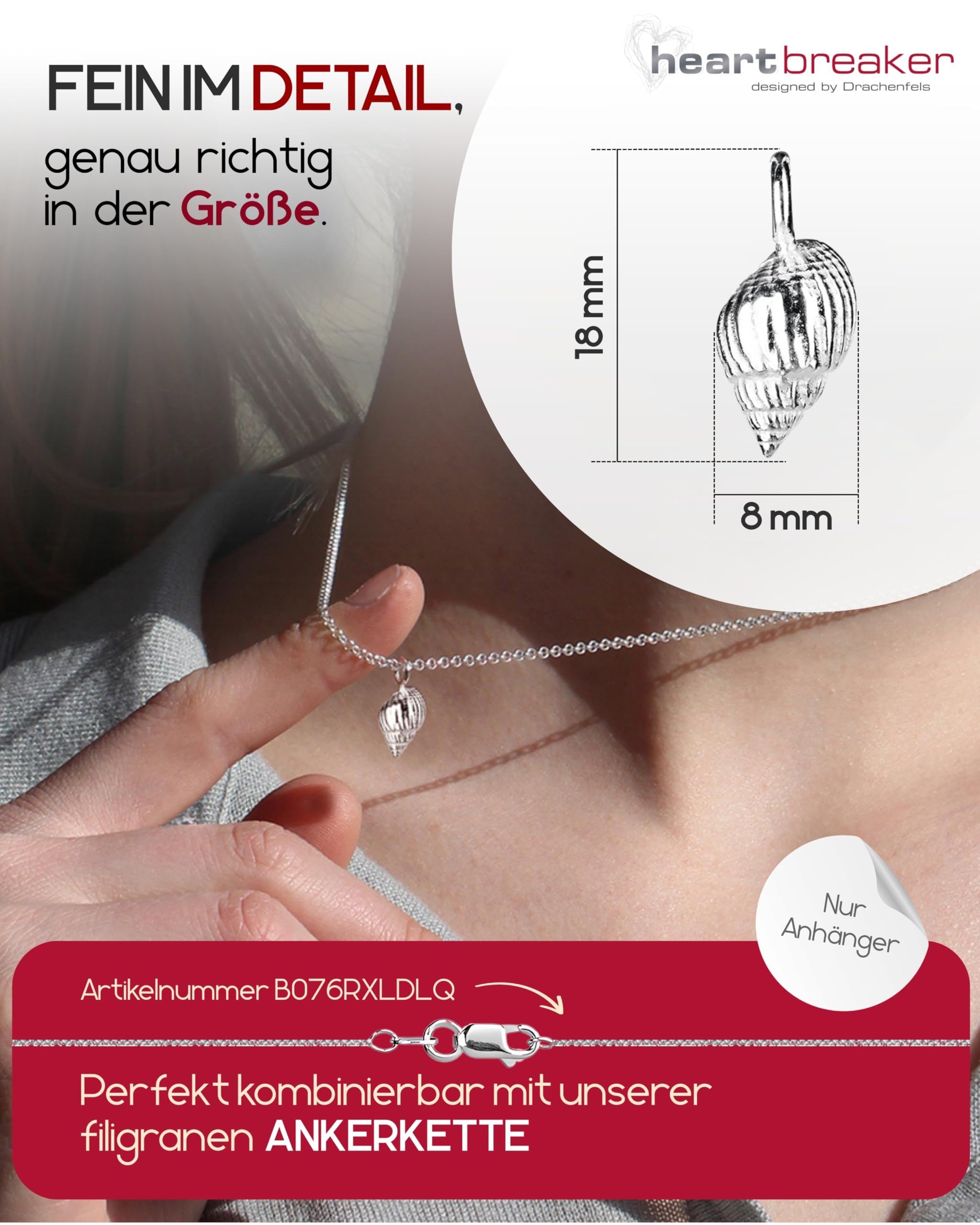 Heartbreaker "Sealife" Muschel-Anhänger klein I Edler Muschelanhänger aus 925 Sterling Silber I Nickelfreier Kettenanhänger in Goldschmiedequalität I Hochwertiger Anhänger für Damen I LD SL 37