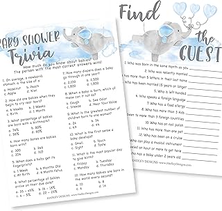 Blue Elephant Baby Shower Games For Boys - 2 Games Double Sided, 25 Baby Trivia Baby Shower Game, 25 Find The Guest Baby Shower Game, Fun Baby Shower Games, Baby Shower Party Supplies