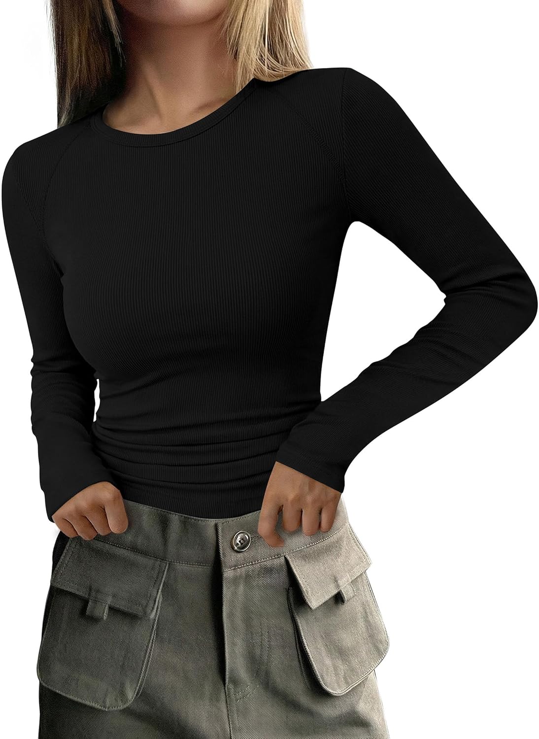 PRETTYGARDEN Long Sleeve Shirts for Women Fall Going Out Tops Casual Ribbed Knit Slim Fitted Basic Tees Y2K Spring Clothes