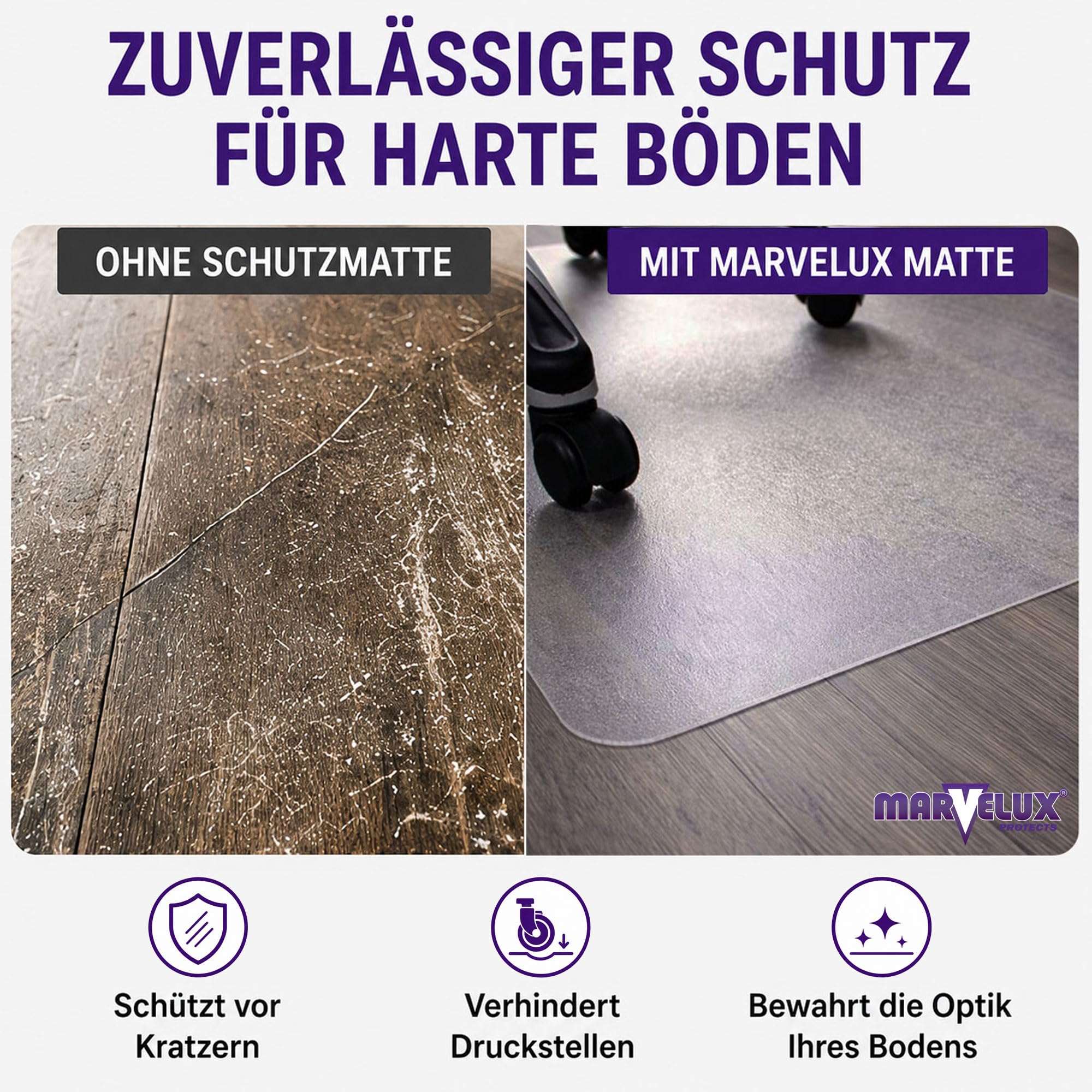 Marvelux Bodenschutzmatte Bürostuhl für Hartböden, Polycarbonat 116 x 200cm | XXL Bodenmatte Bürostuhlunterlage, Transparent Schreibtischstuhl Unterlage, langlebig und bruchsicher, leichtgängiges Rollen