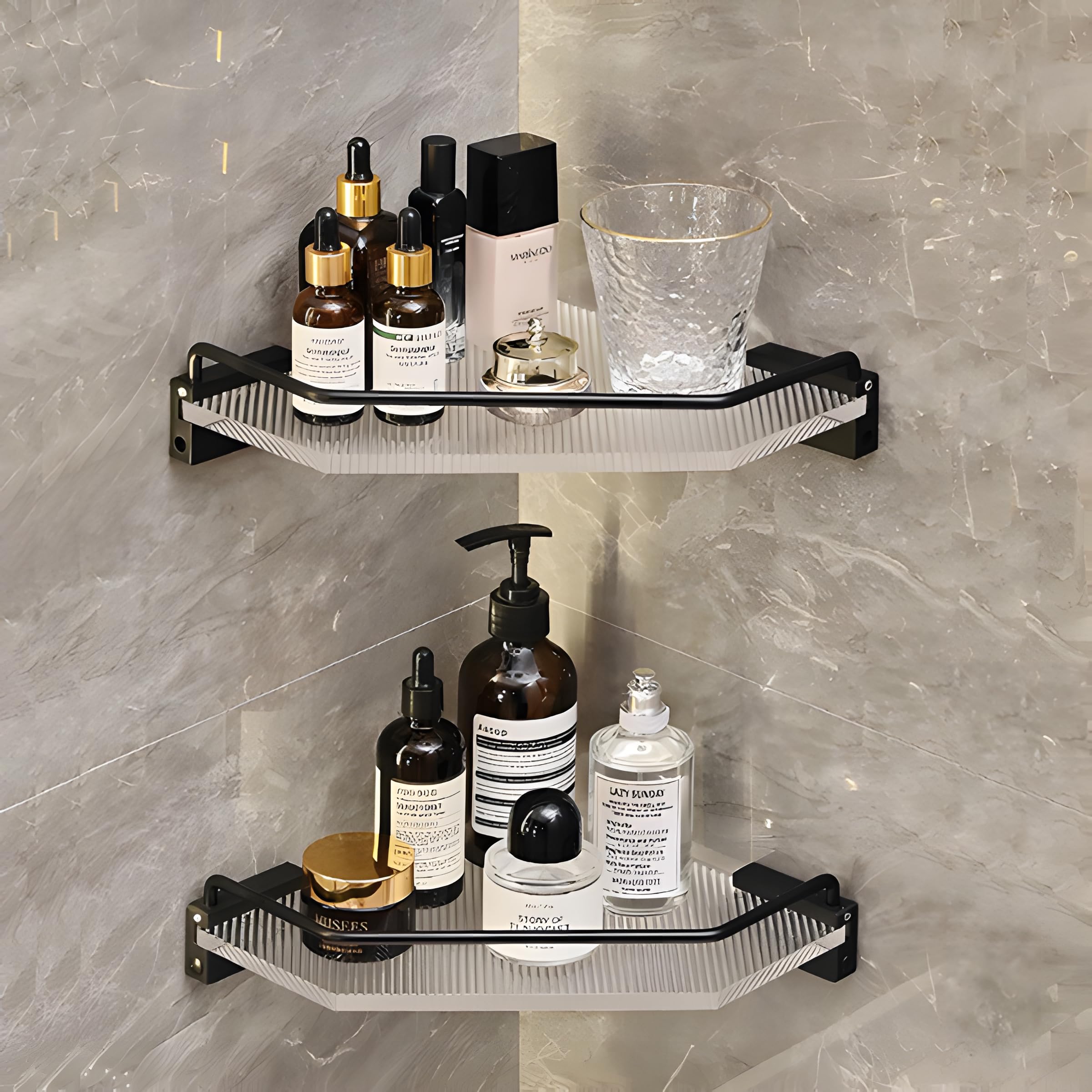 Nokozan Corner Shower Caddy Bathroom Shelf Aluminum Acrylic No Drilling Adhesive Shower Basket Organizer Black 1Pack