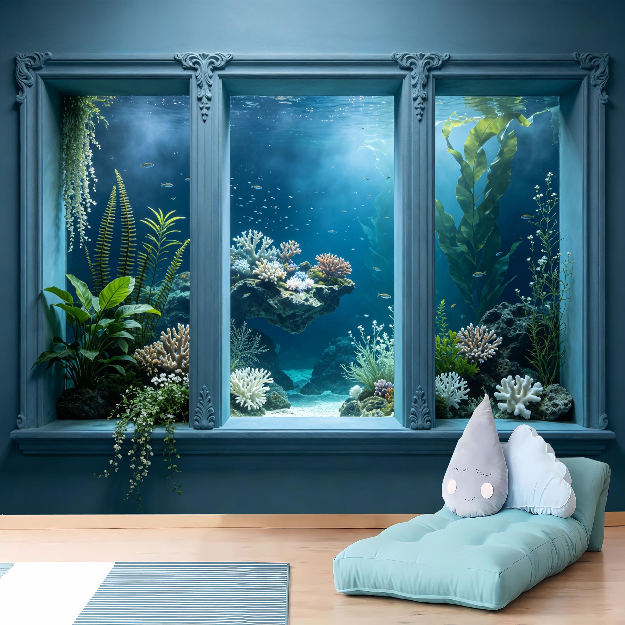 Custom Size Wall Murals 3D Blue Niche with Underwater Coral Reef and Fish Vivid Self-Adhesive Wall Fabric (NO PVC) Removable Wallpaper for Bedroom