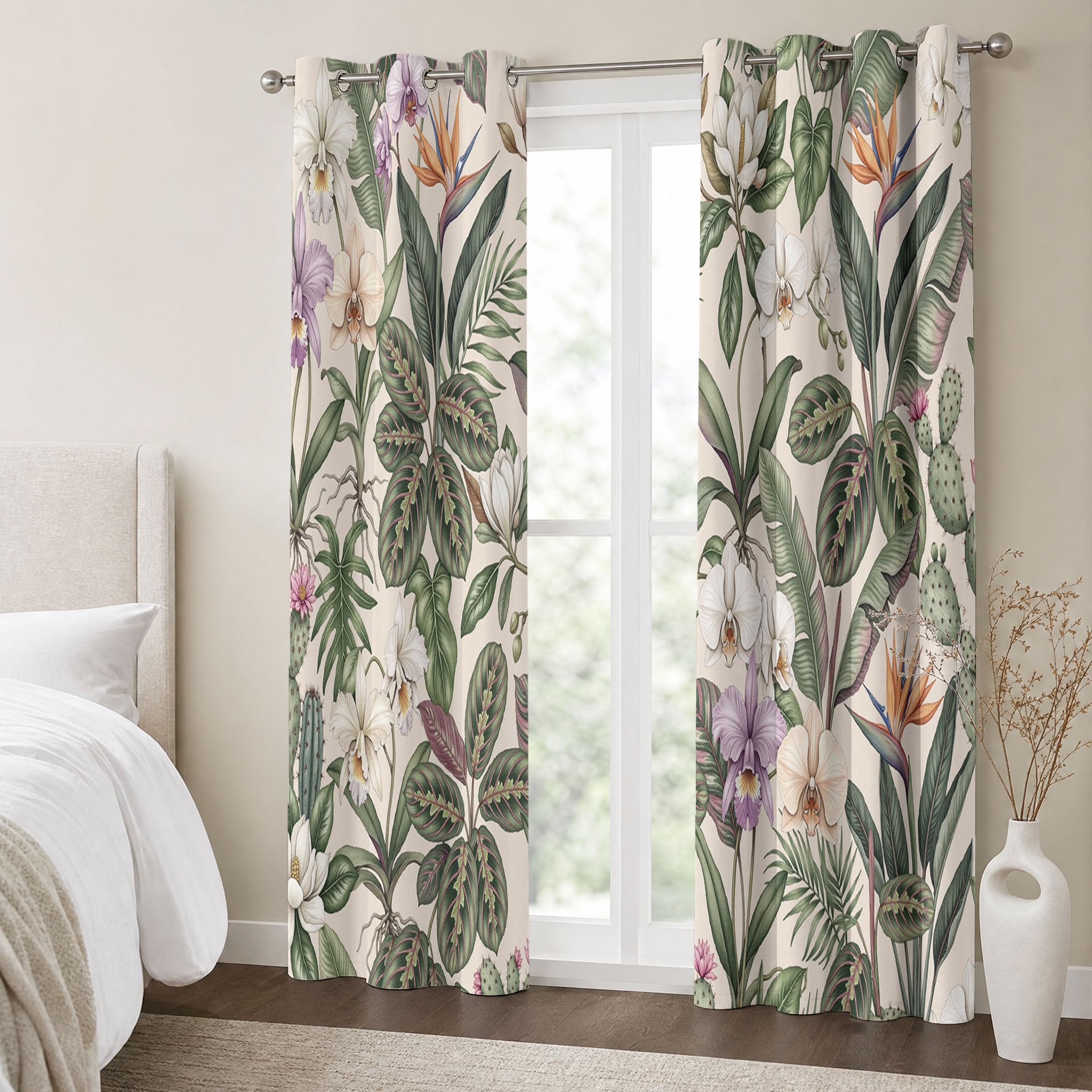 Pflanzen Und Blumen Vorhänge Mit Ösen, Aquarellzeichnung Von Orchideenzweigen Thermovorhang Hitzeschutz, H140 X B90 Cm (2Er Pack) Abdunkelnde Gardinen Für Wohnzimmer Verdunkelungsvorhang - Dunkelgrün