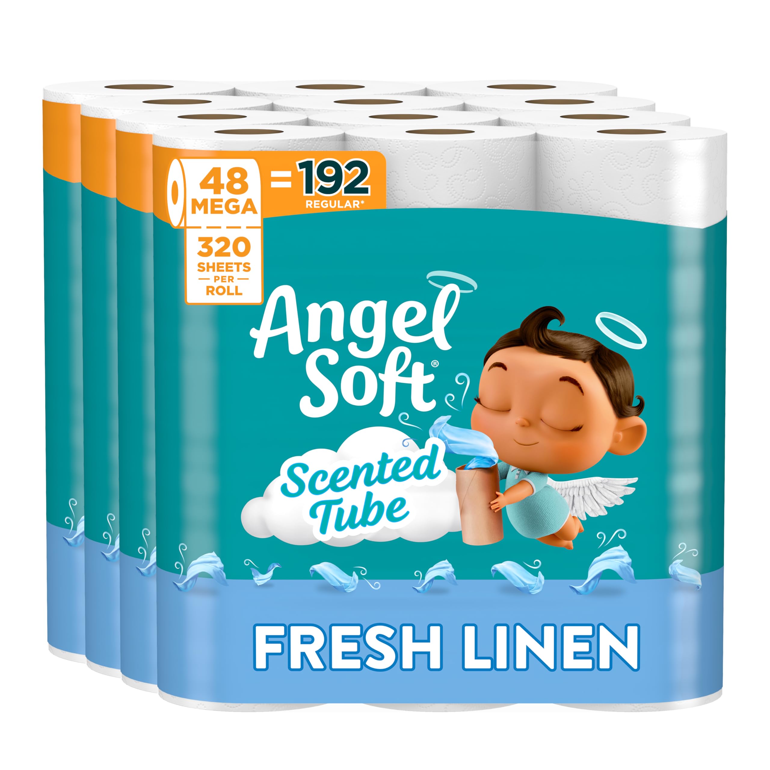 Angel Soft Carta igienica con tubo profumato fresco lino, 48 rotoli mega = 192 rotoli normali, carta igienica morbida e resistente