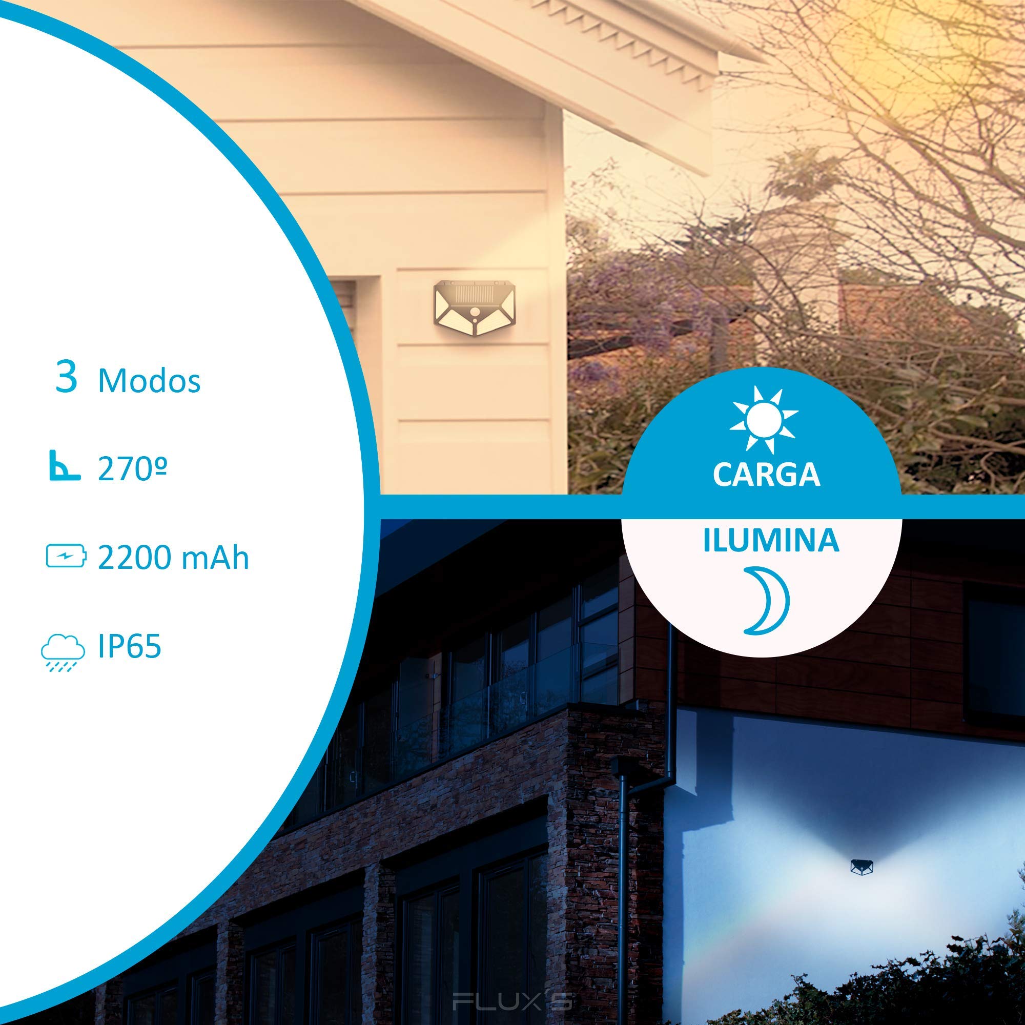 Luz Solar Exterior LED, FLUX'S, Foco Solar Exterior con Sensor de Movimiento, Impermeable e Inalámbrico, 3 Modos de Iluminación, Ángulo 270°, Para Jardín o Garaje - Pack de 2 uds