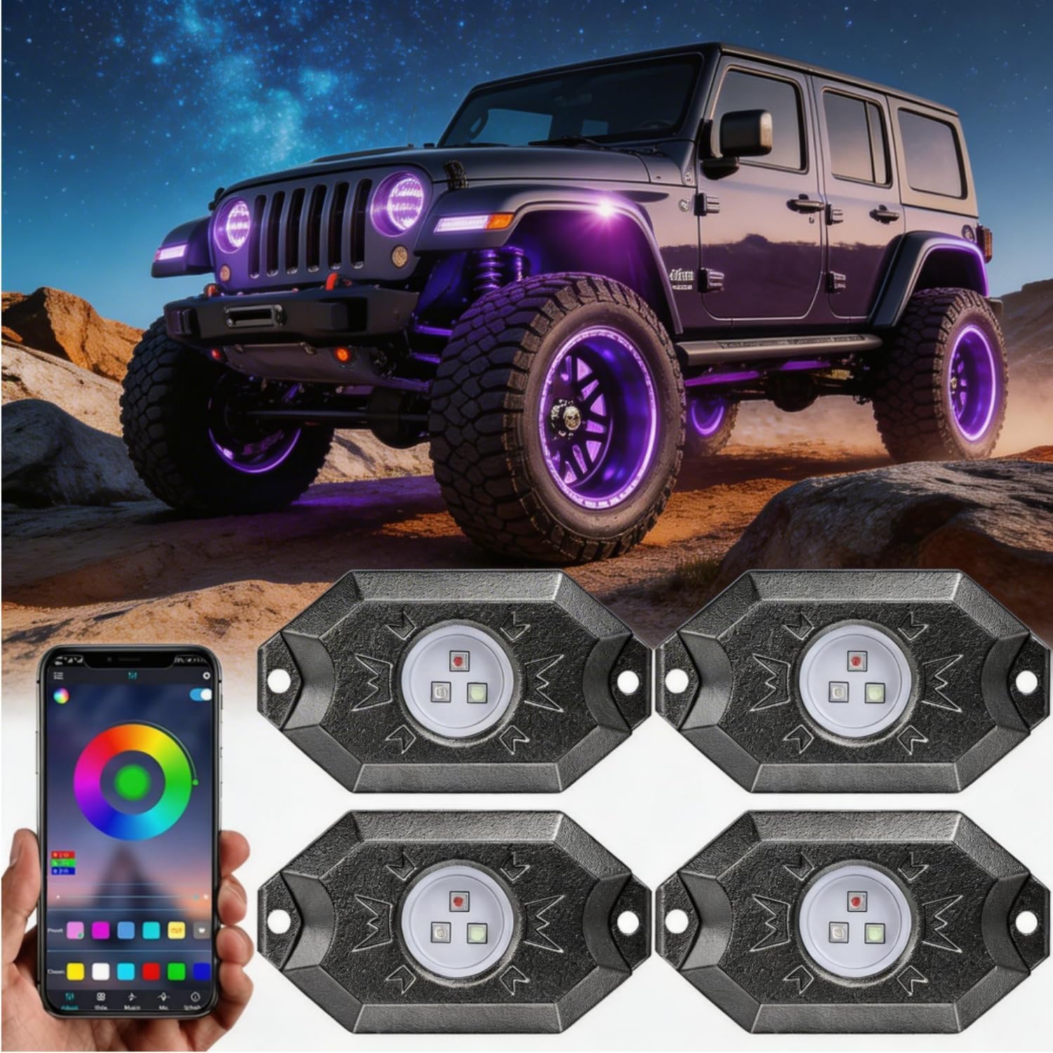 RGB LED Rock Lights Kit, Yvoone-Auto Underglow Neon LED Light Bluetooth Controller, Timing, Flashing, Music Mode Waterproof RGB led lights For Car Jeep Truck SUV ATV Boat Motorcycle - 4 Pods