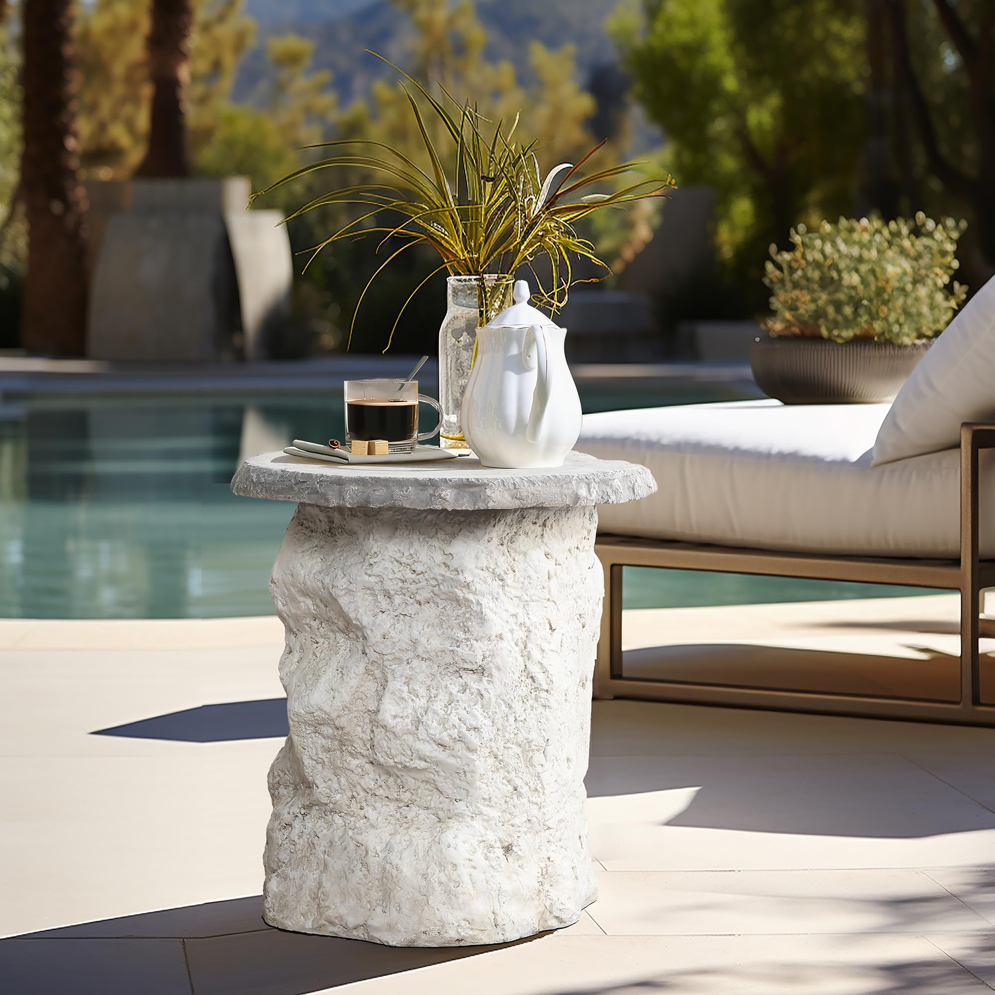 LuxenHome 18.7" Outdoor Side Tables for Patio, Off White Outdoor Accent Table, MgO Patio Side Table for Porch, Poolside, Backyard, Small Concrete End