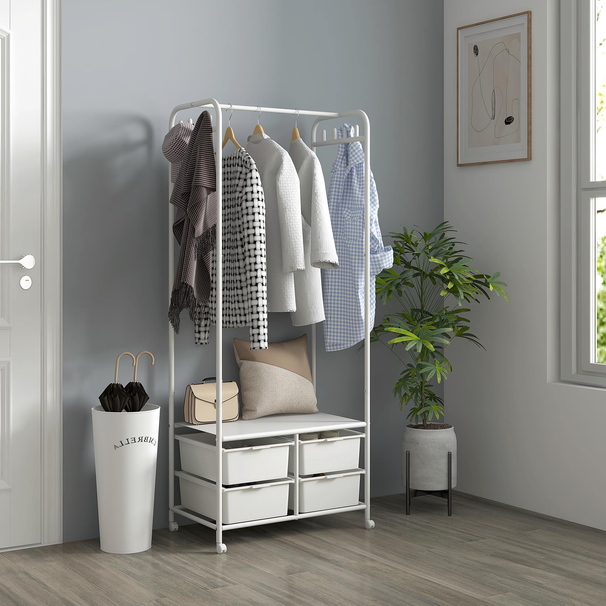 HOMCOM Perchero con Zapatero Moderno con 8 Ganchos 63x37x153 cm Blanco | 4 Cestas para Zapatos, Perchero Entrada, con Ruedas, Marco de Acero, para Salón Dormitorio Pasillo