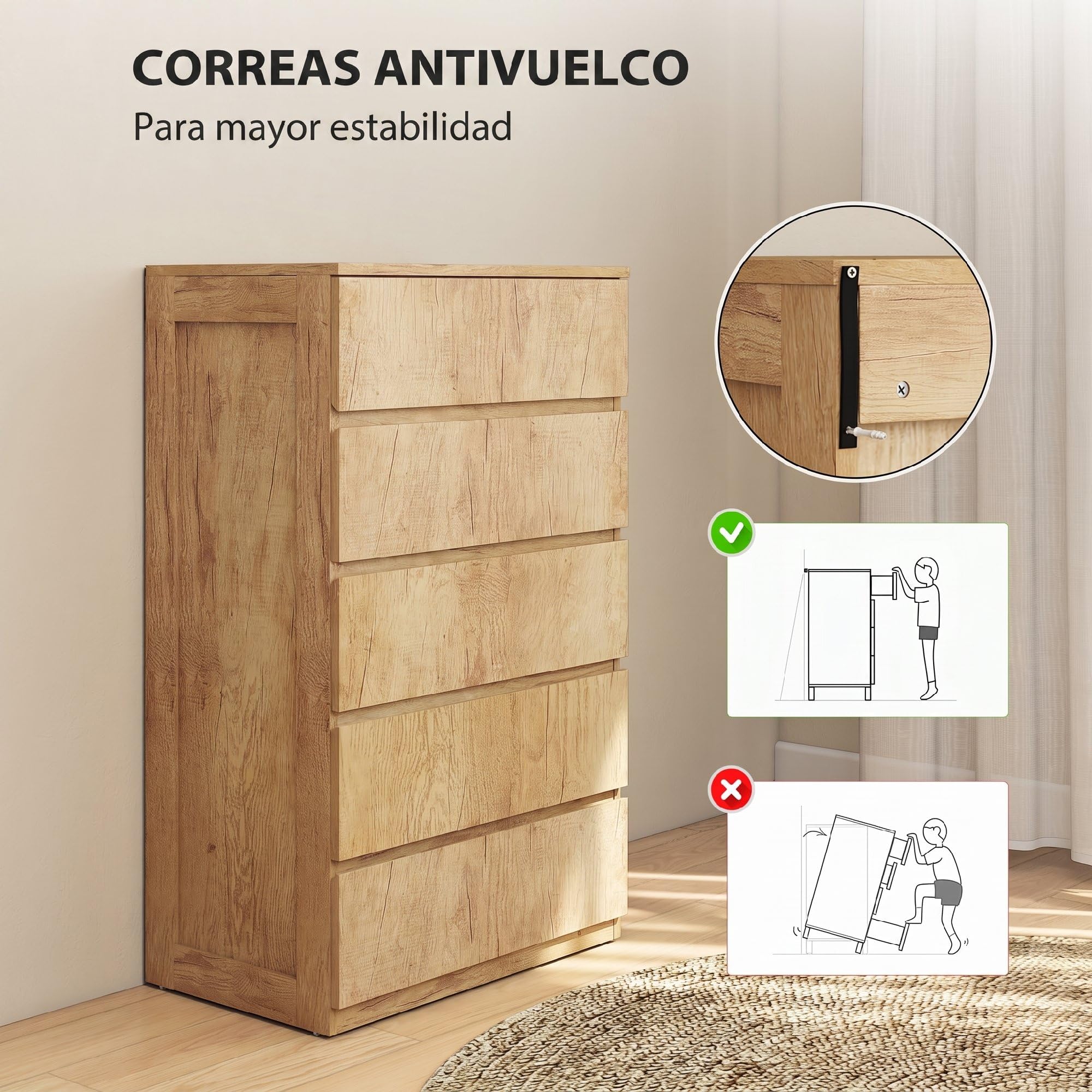 HOMCOM Cómoda 5 Cajones Diseño sin Tiradores 60x39x100 cm Madera Natural | Cómoda Dormitorio Moderna, Sinfonier, Cajonera para Sala de Estar, Comedor, Entrada