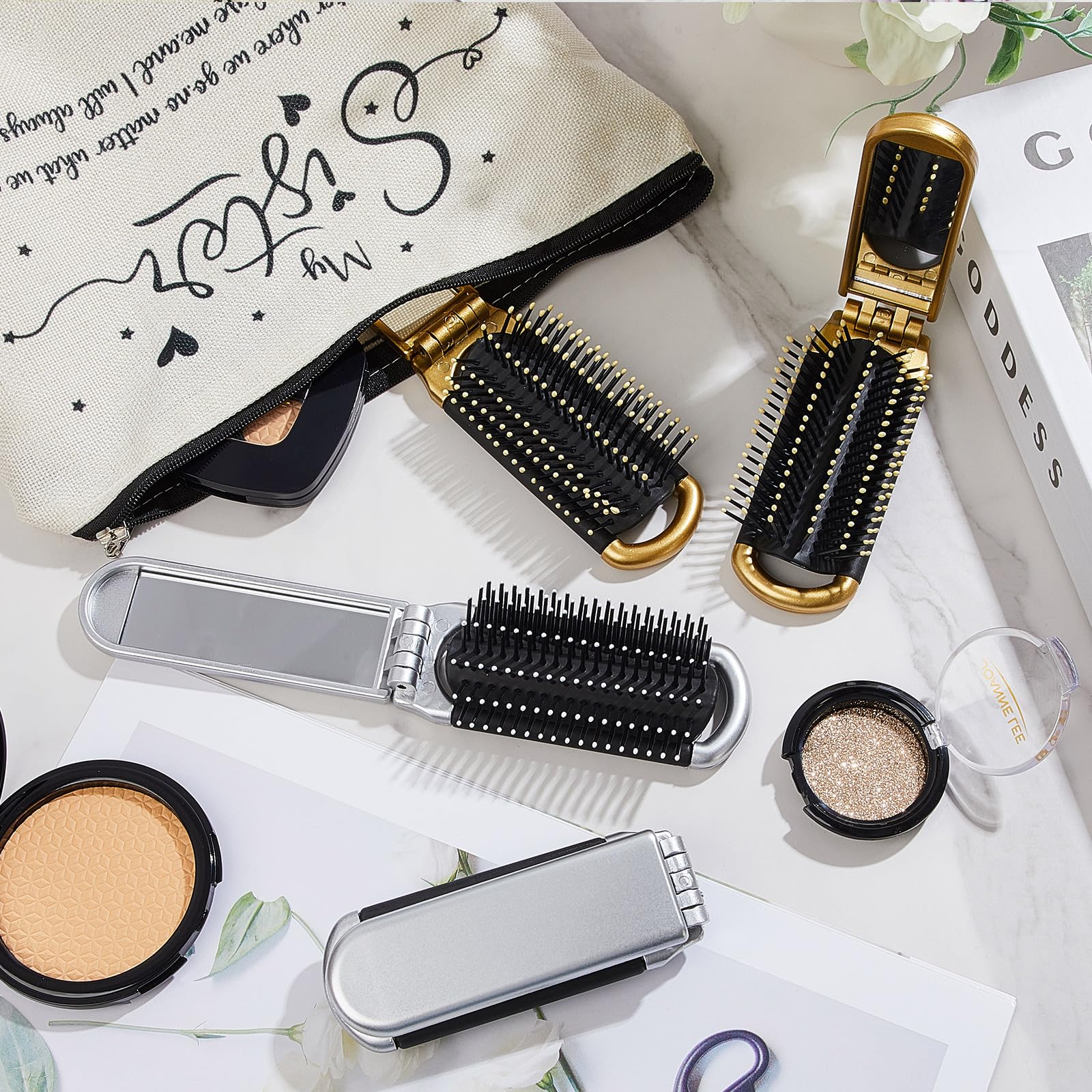 Uiifan 2-in-1 faltbares Reise-Haarbürsten-Set mit Spiegel, Mini-Tasche, kompakt, tragbar, für Damen und Herren, Salonbedarf, Hochzeitsfeier, Hotelzubehör (Gold, Silber), 50 Stück