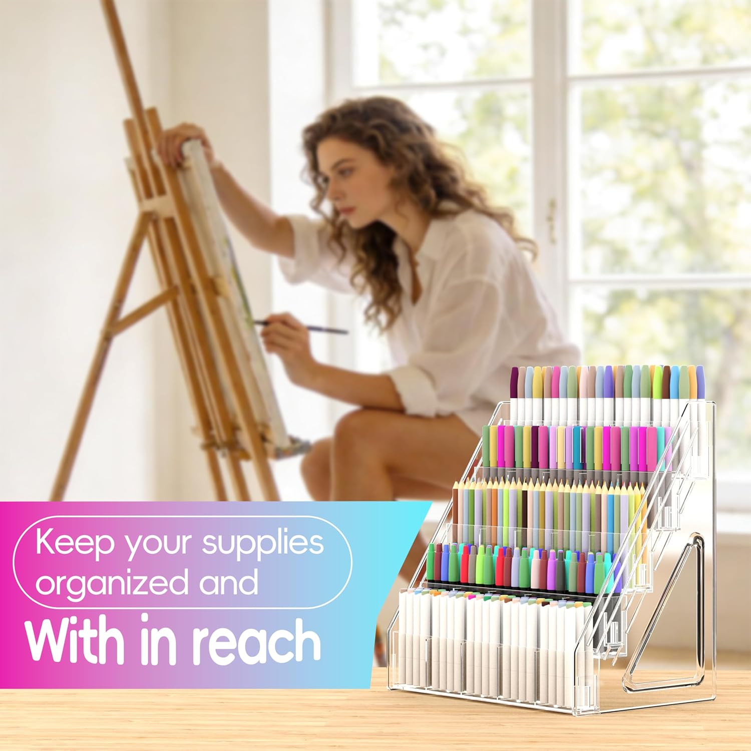 150 Slots Marker Organizer, 5 Tier Acrylic Marker Storage Rack, Desktop Marker Holder for Alcohol Markers, Copic, Ohuhu, Colored Pencils & Pens