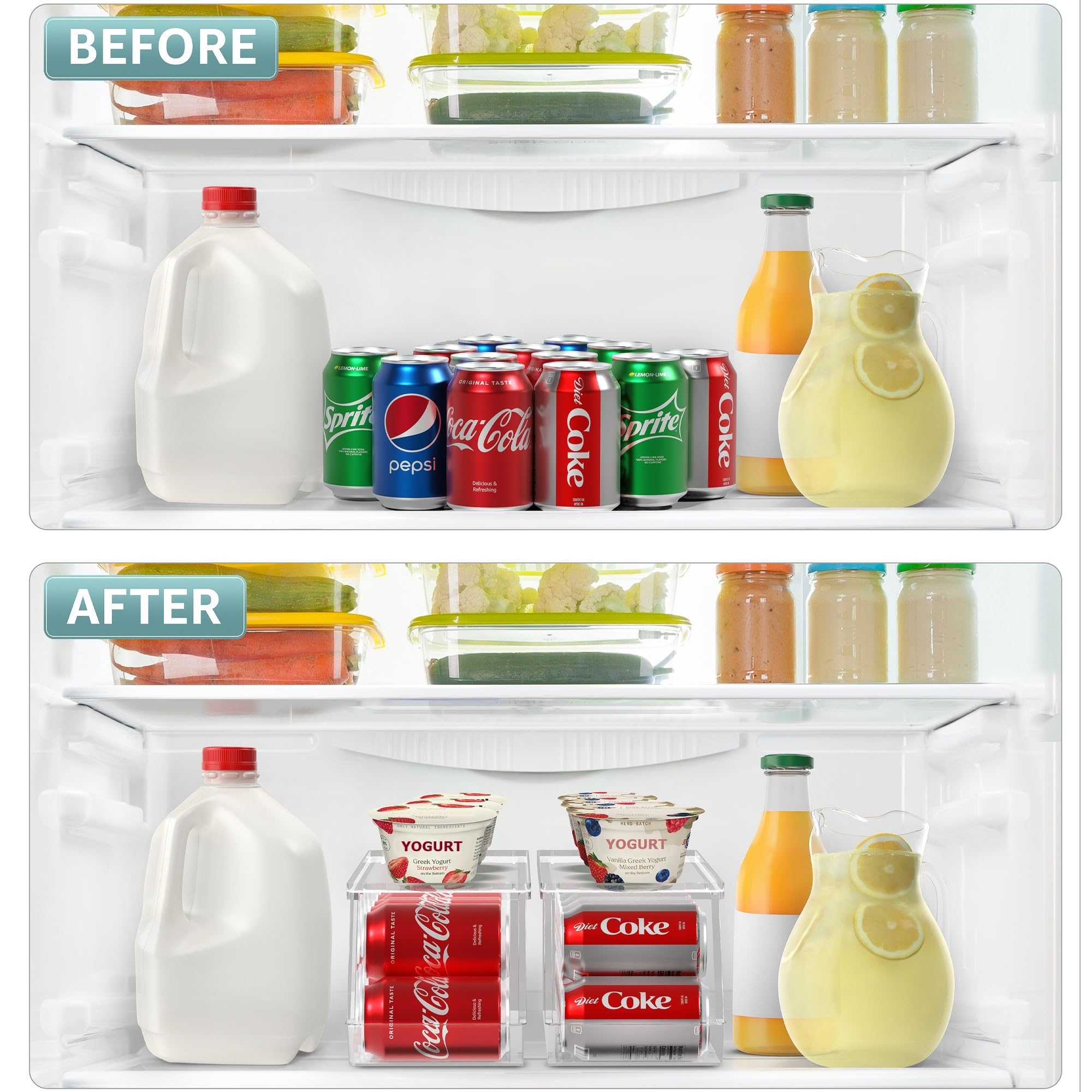 Sorbus Organizador de latas de refresco para refrigerador, dispensador de latas apilable con tapa para nevera, despensa, congelador, capacidad para 12 latas cada una, sin BPA, diseño transparente