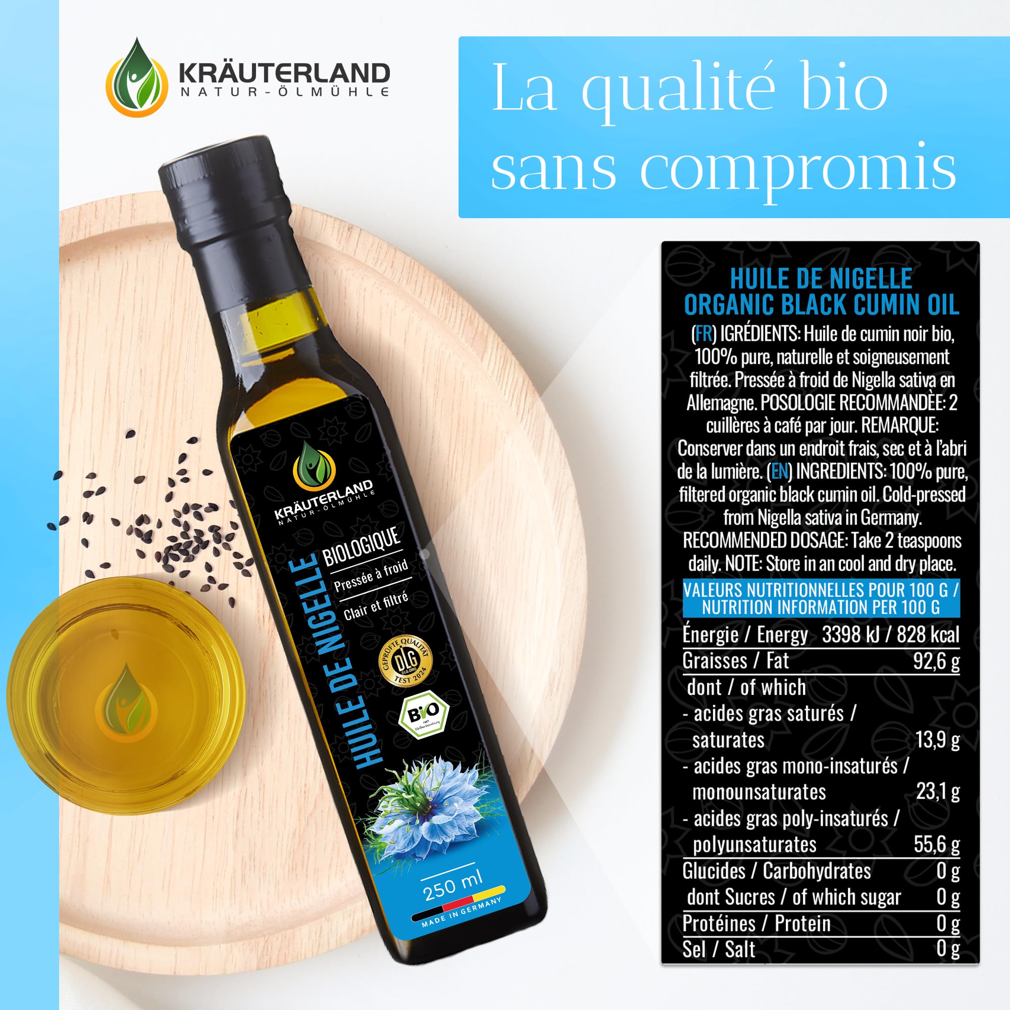 Kräuterland Huile de Nigelle Bio filtrée 250 ml - 100% pure, doucement pressée à froid, égyptienne, nigella sativa, végétalienne - fraîche du moulin directement du No. 1 Fabricant d'Allemagne