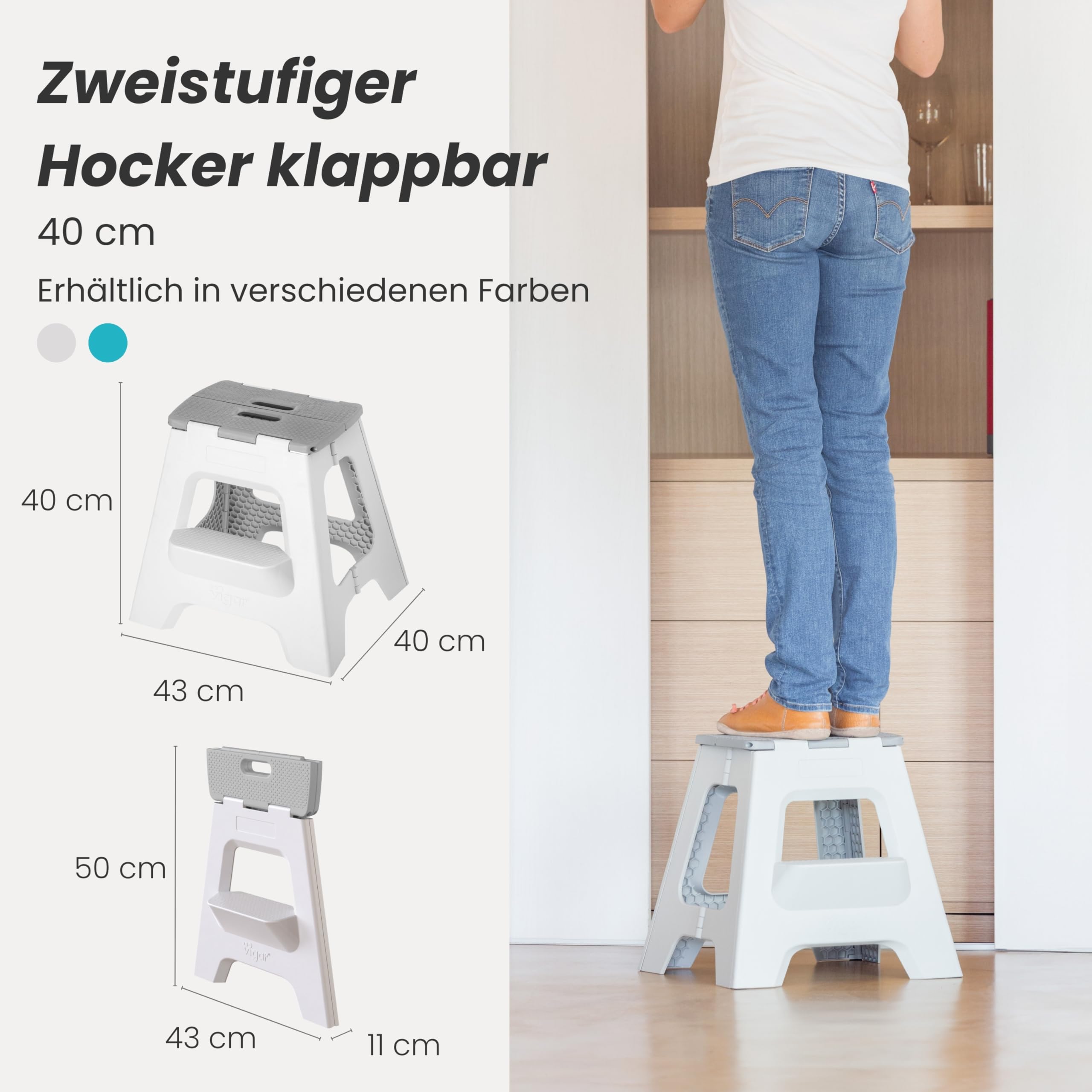 Vigar Kompakte Tritthocker Klappbar für Erwachsene, 40 cm, 2‑Schritt, Klapphocker Faltbar 150 kg rutschfest, Leicht, Hocker Klappbar für Zuhause, Bad, Schlafzimmer, Büro, Grau