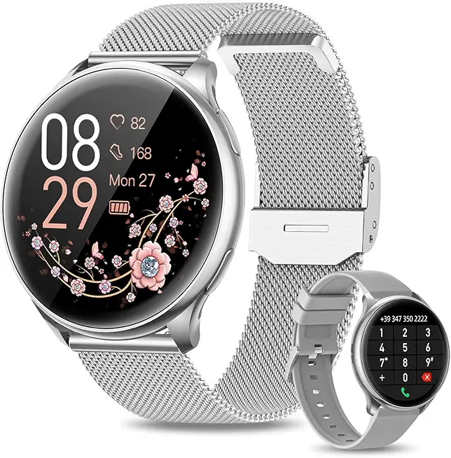 RUXINGX Smartwatch Damen Herren mit Telefonfunktion, 1.32 Zoll HD Voll Touchscreen, Armbanduhr mit SpO2 Pulsuhr Menstruationszyklus Schlafmonitor Schrittzähler Kalorien IP67 für iOS Android Silber