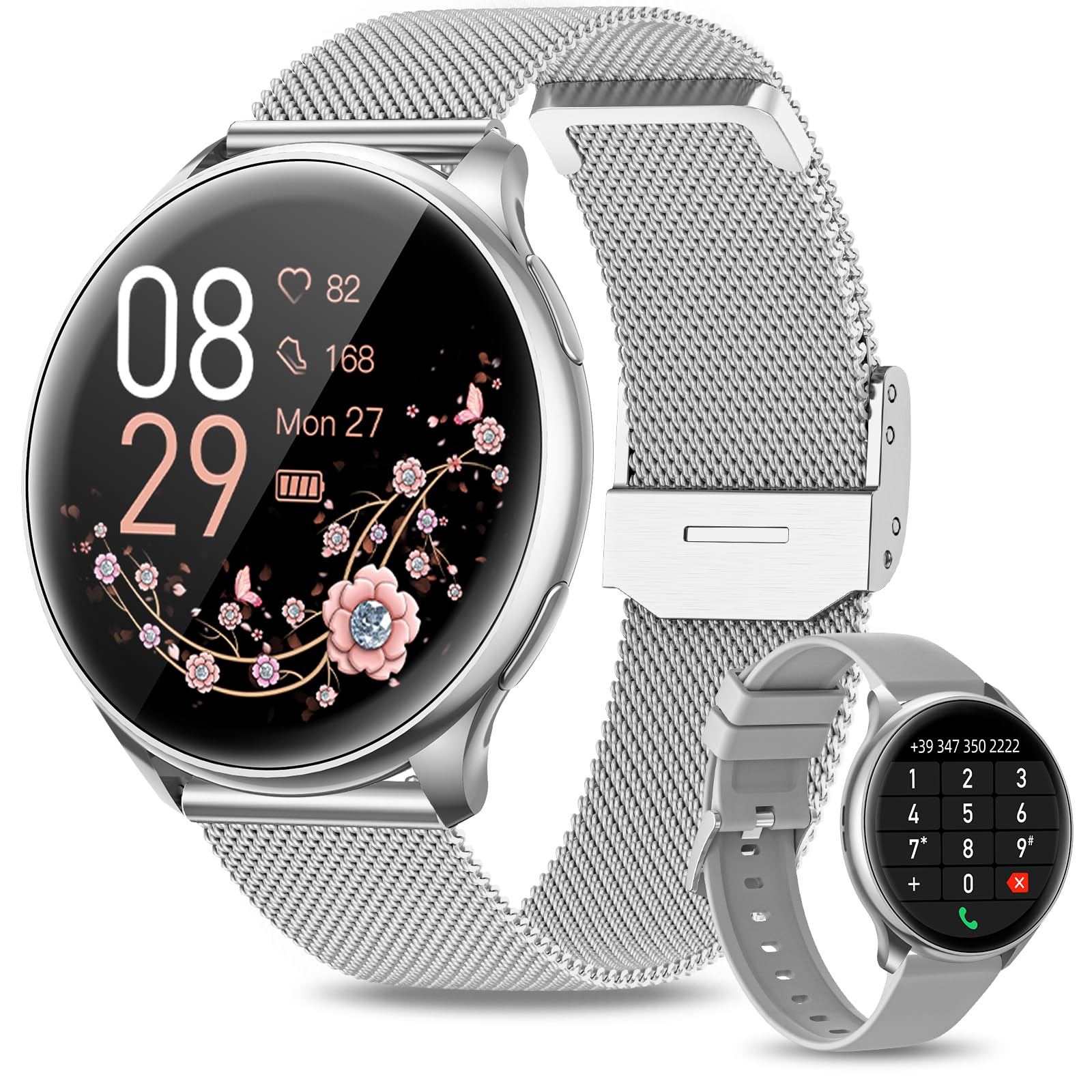 RUXINGX Smartwatch Women Men with Phone Function, 1.32” HD Full Touch Screen, Watch with SpO2 Heart Rate Monitor, Menstrual Cycle, Sleep Monitor, Pedometer, Calories, IP67 for iOS, Android, Silver