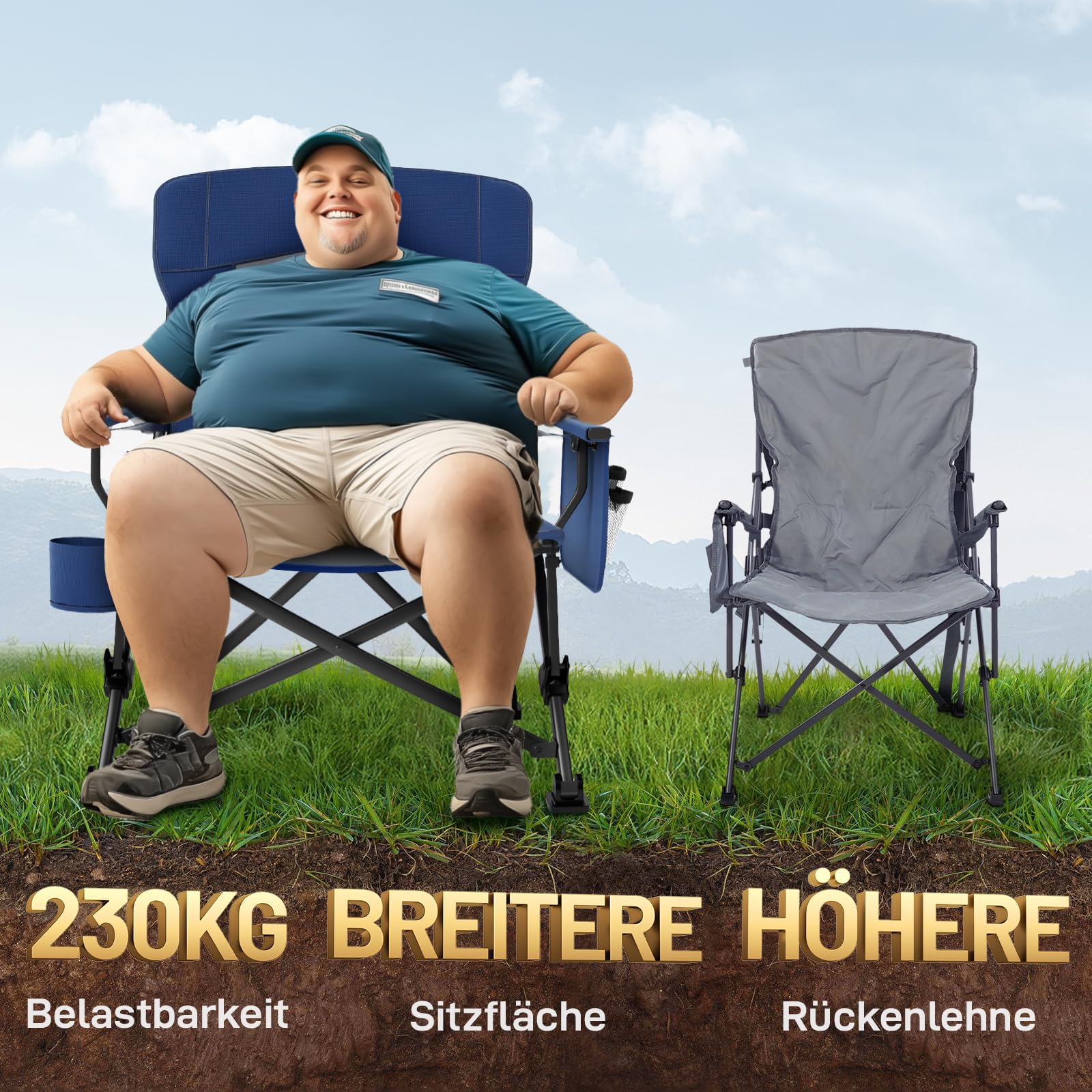 EVER ADVANCED Campingstuhl Faltbar 230KG Belastbar XL Lendenwirbelstütze