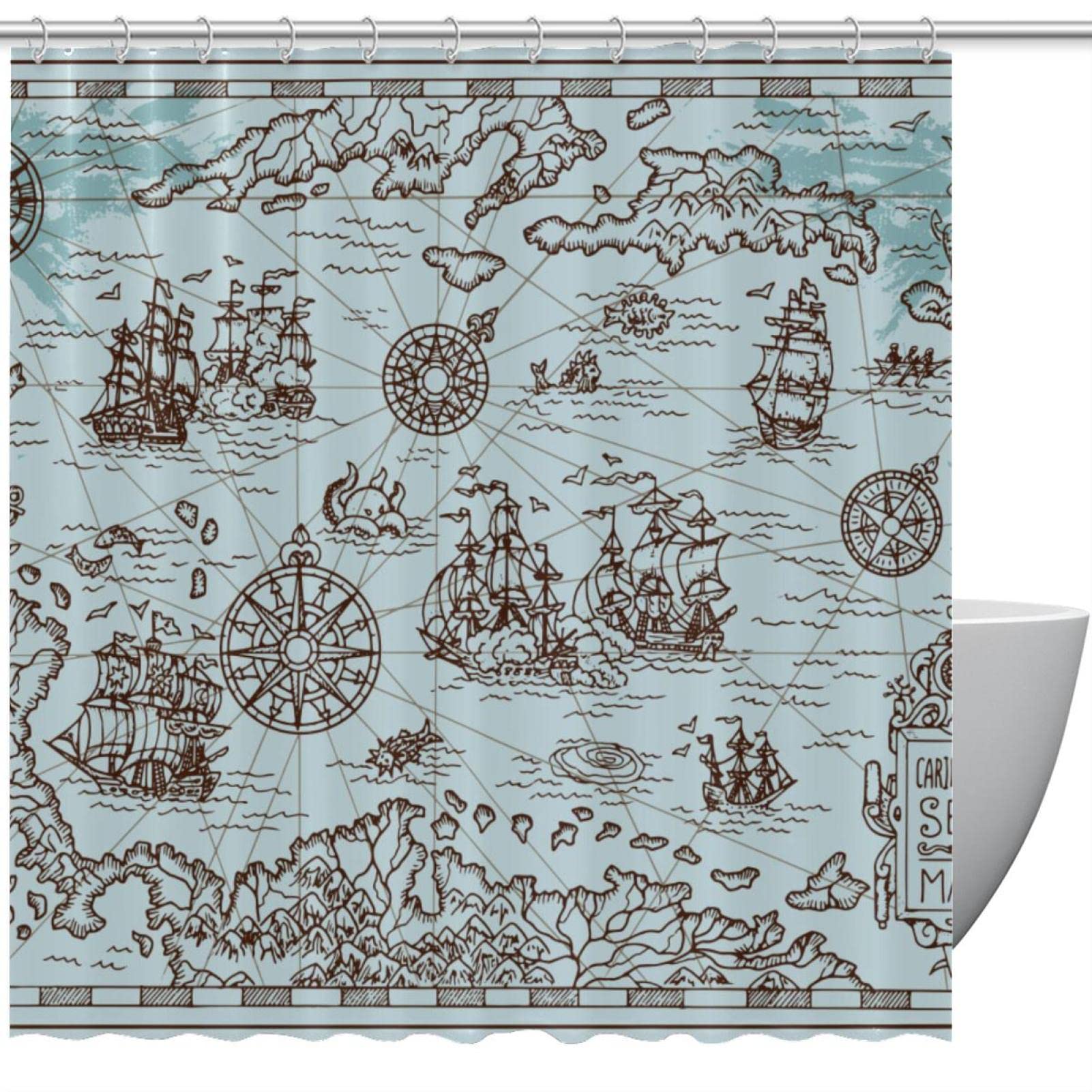 Rideau de douche motif carte nautique en tissu résistant mesurant 183x183 cm