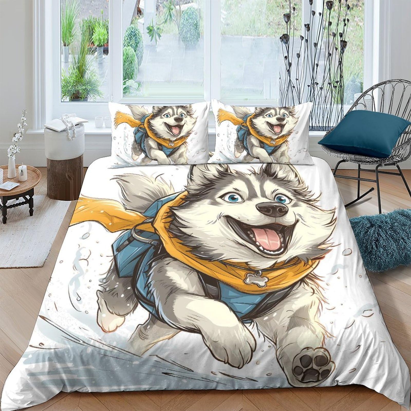 Ctjqhvkz Style-4 3D Printed Cartoon Husky Fitted Sheet Microfiber Soft Anti-Slip Dog Pattern Bed Cover For Bedroom Guest Dorm Mattress Protection Single（135X200cm）