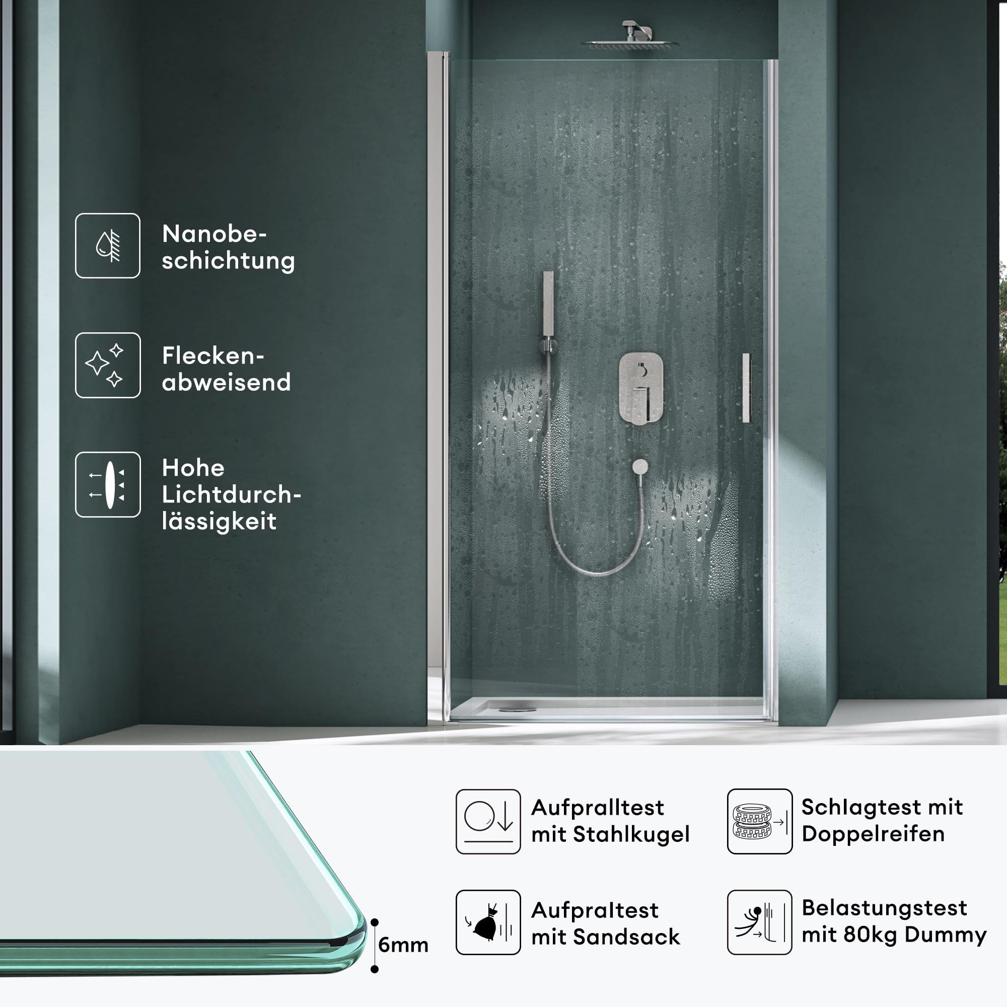 Mai & Mai Duschtür Drehtür Schwingtür 90x195cm Nischentür Dusche Klarglas