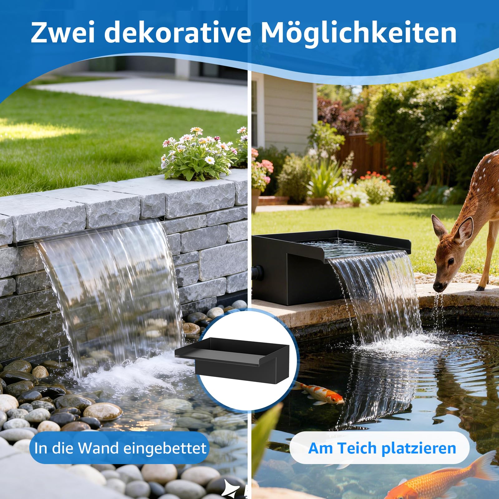 30 cm Teichwasserfall-Set: 304 Edelstahl Wasserfall-Überlauf-Set mit 2500L/H Pumpe, 3 m Frostsicherem Schlauch & 5 m Kabel - Komplettes Wasserfall-Brunnen-Set für Garten & Pool