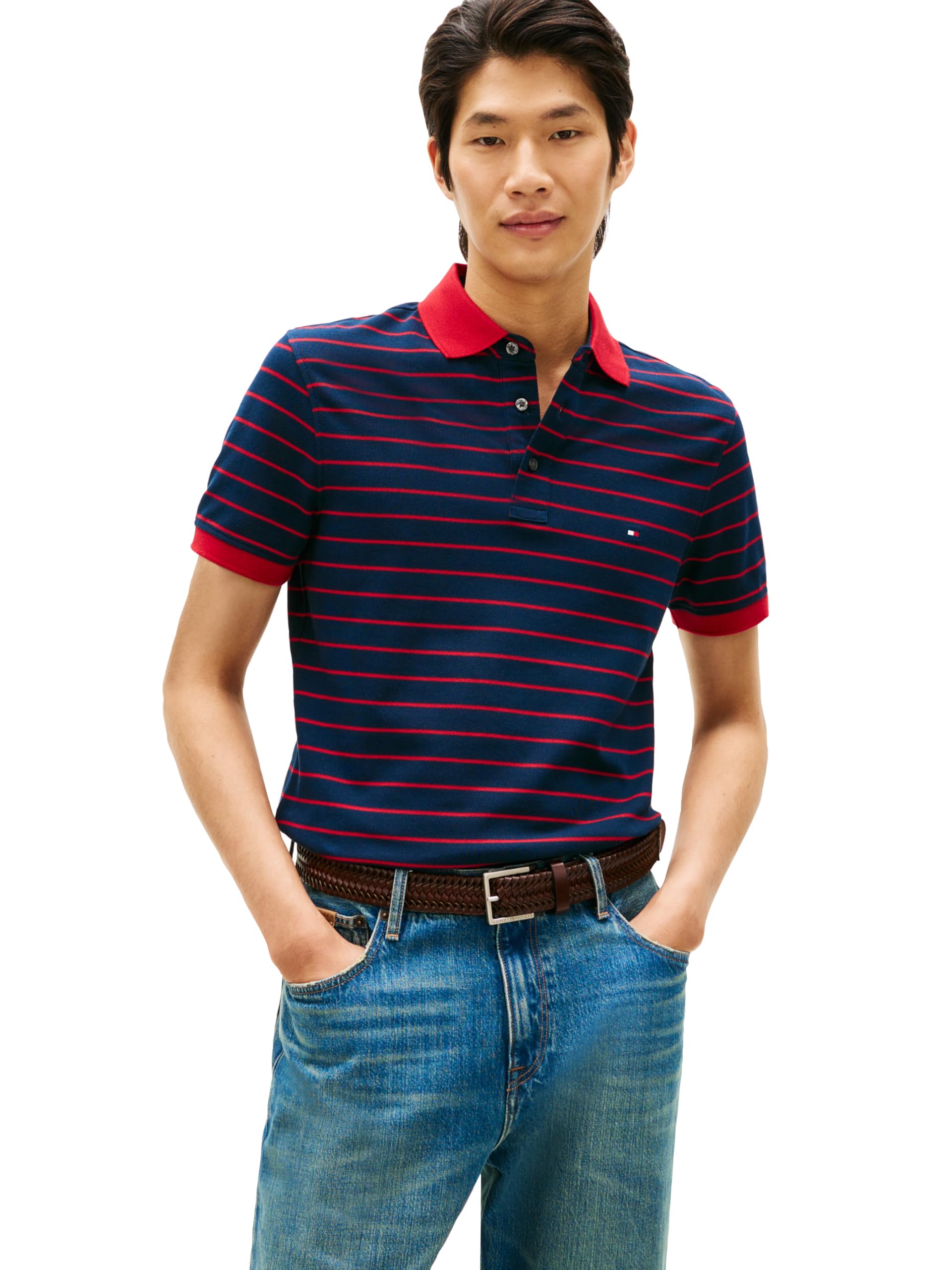 Tommy Hilfiger Men's Short Sleeve Polo Shirts in Slim Fit with Stretch and Organic Pique Cotton