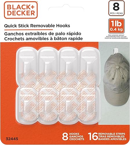 BLACK+DECKER Ganchos de pared sólidos, adhesivo de adherencia rápida, extraíble, 8 ganchos de pared, 16 tiras adhesivas, decoraciones colgantes sin disponible en Yaxa Colombia