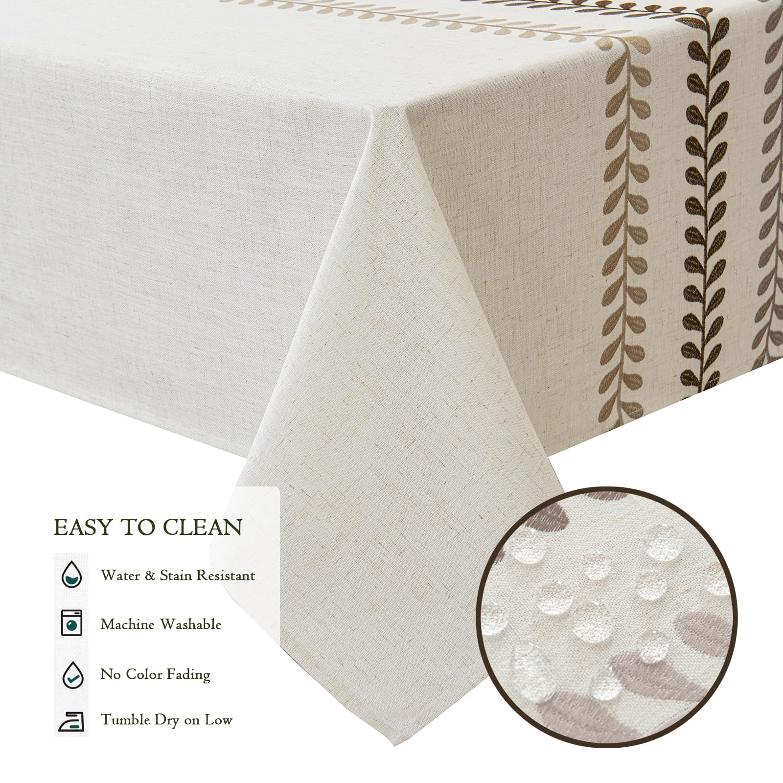 Joyfol Day Mantel rústico de Tela de Lino Impermeable, Mantel de arpillera Pesado para mesas rectangulares, Fundas de Mesa Lavables con Hojas Bordadas para Cocina y Comedor (café, 55 x 120 Pulgadas)