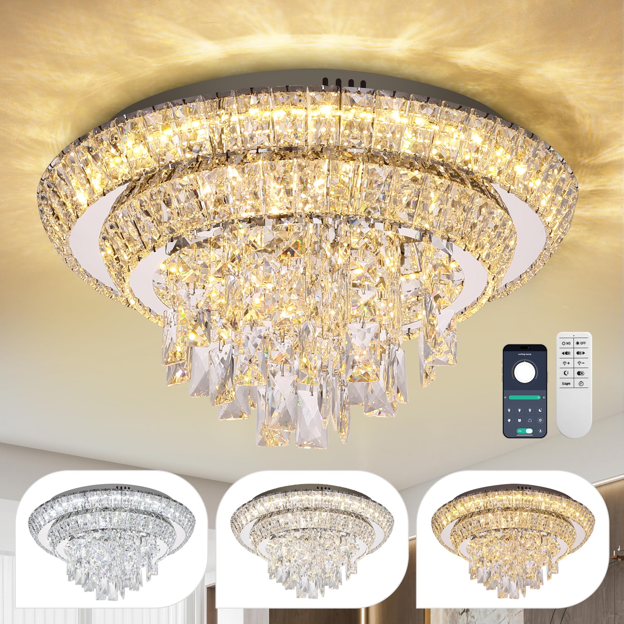 COCOSTAR 18 inch Flush Mount Crystal Chandeliers with Remote and