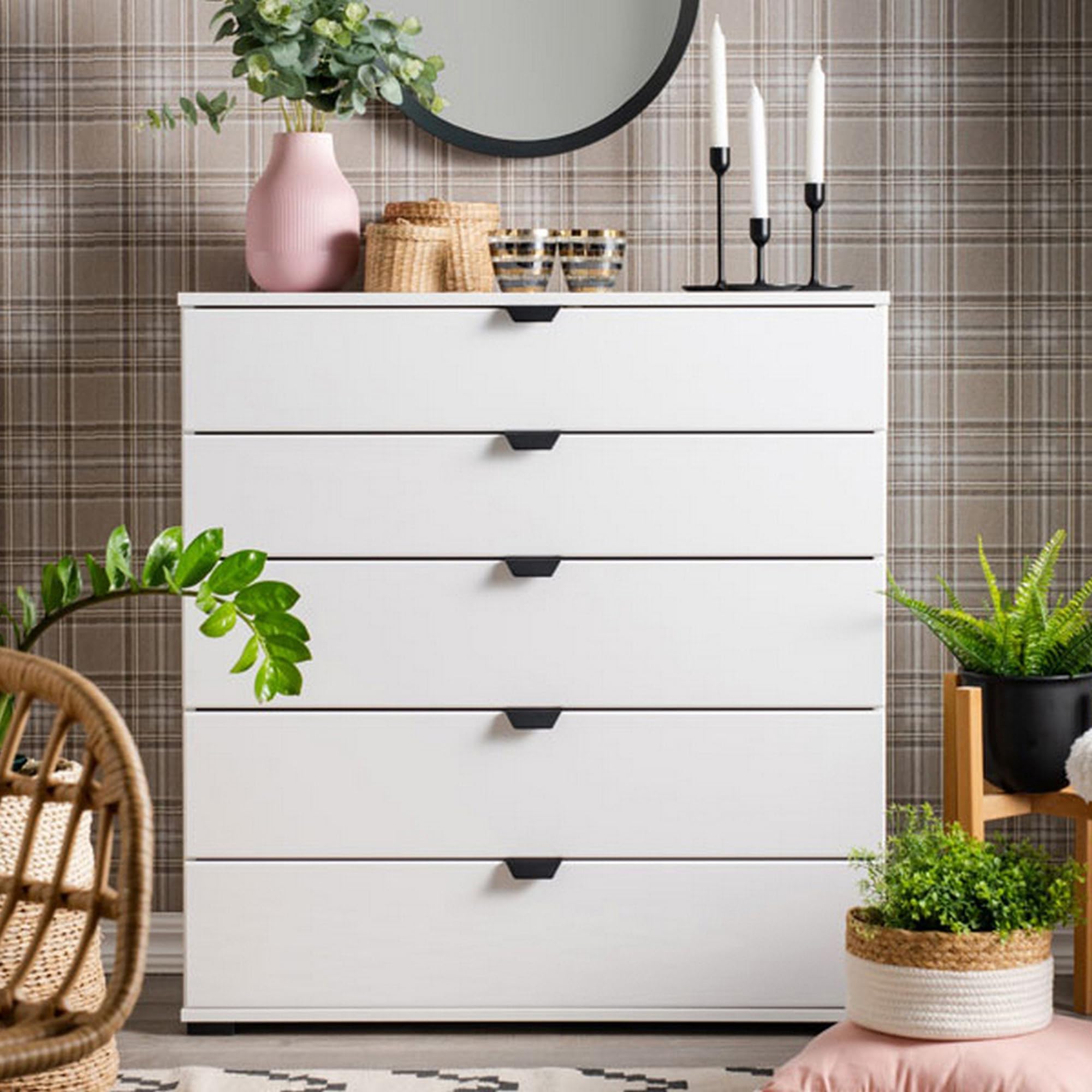 Dmora Cassettiera Chikeha 90x40x95h cm Bianco 5 Cassetti Apertura Scorrevole, Chiusura Scorrevole