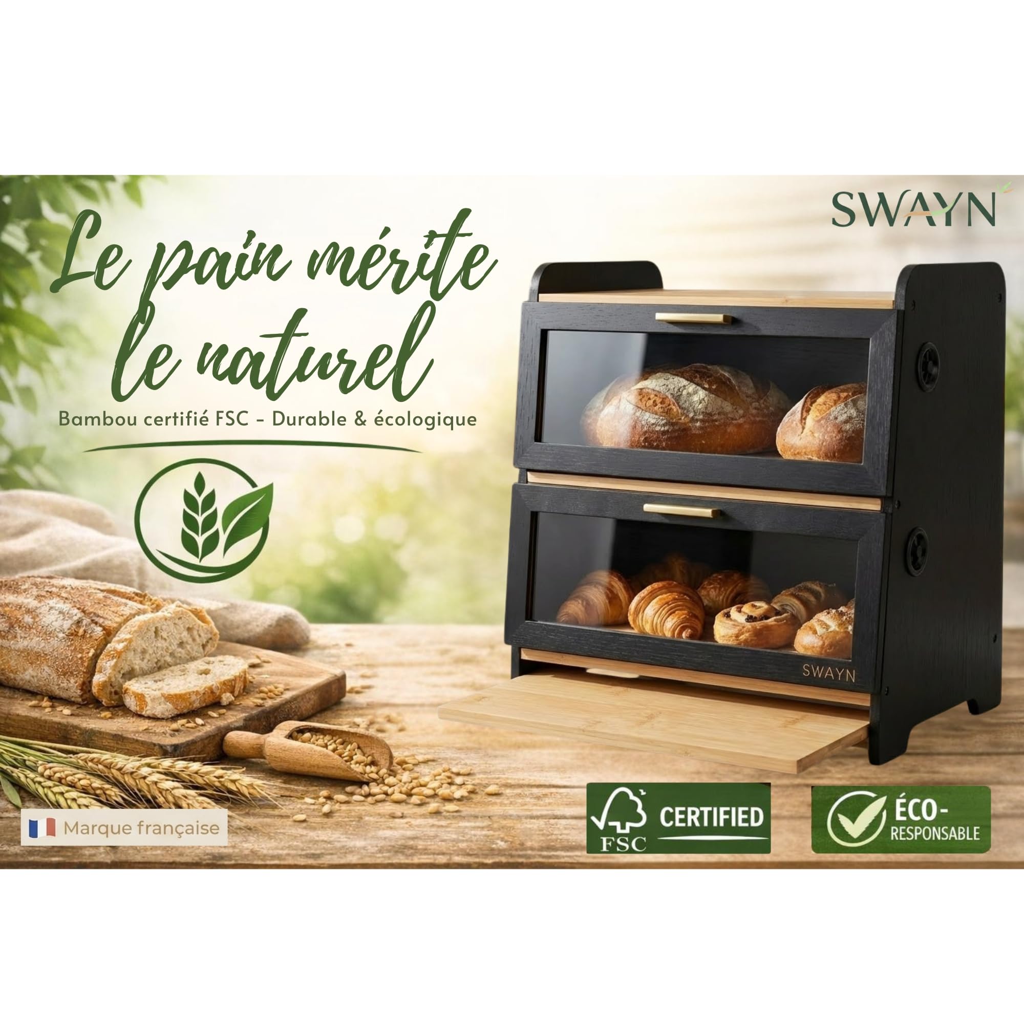 SWAYN Boîte à pain en Bambou Certifié FSC — Huche à Pain 2 étages, Ventilation Ajustable pour Prolonger la Fraîcheur, Planche Intégrée, Rangement Optimisé pour Conservation Pain (noir)