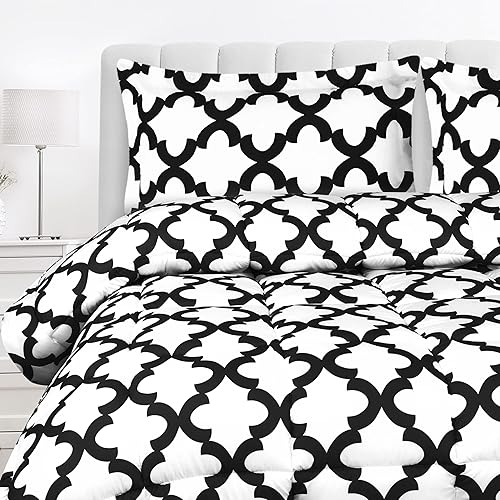 Utopia Bedding - Juego de edredón estampado (Blanco, negro, Queen) con 2 fundas de almohada - Lujosa microfibra cepillada - Edredón alternativo al