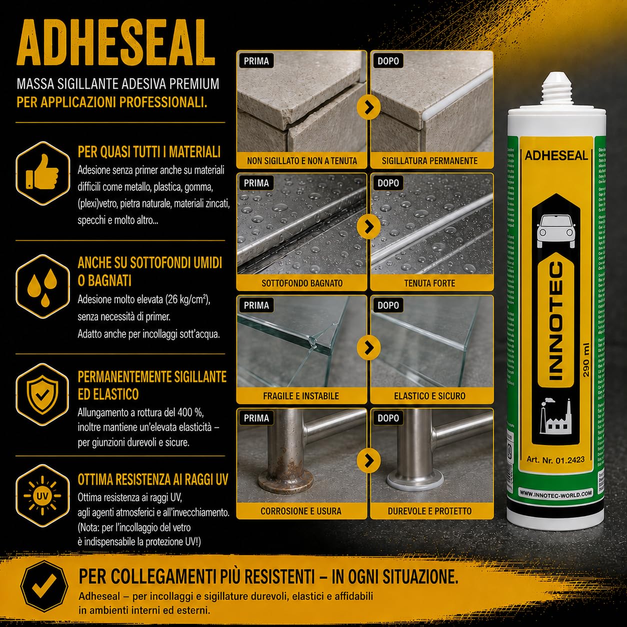 2 pezzi Innotec Adheseal nero adesivo e sigillante a base di polimeri MS – Aderente anche a materiali delicati – Verniciabile bagnato – 290 ml Adheseal sigillante elastico permanente