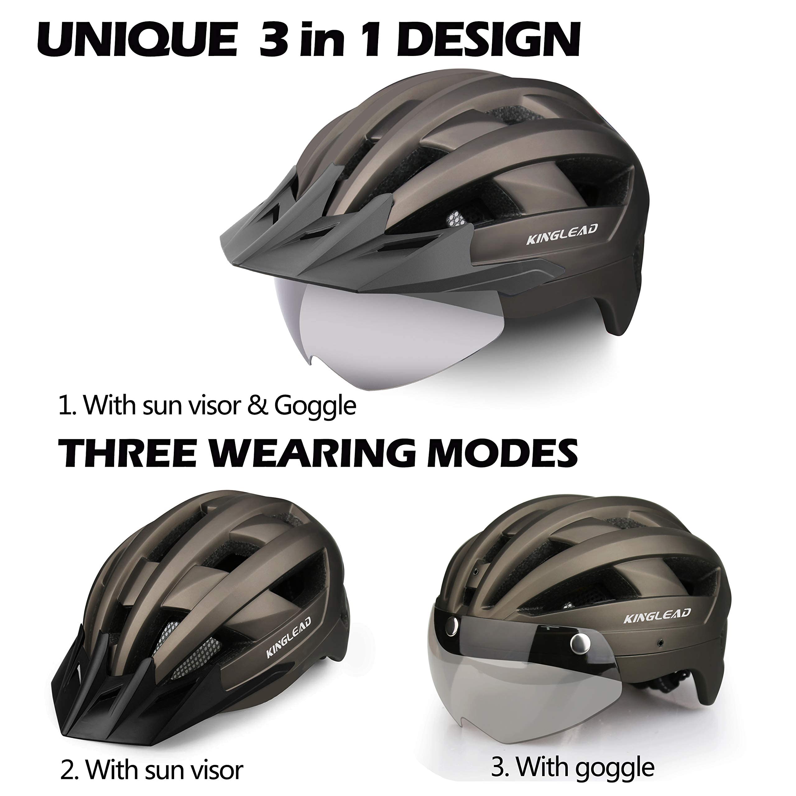 KINGLEAD Casco da Bicicletta per Adulti Uomini Donne con Luce LED Ricaricabile USB, Occhiali Magnetici e Visiera Rimovibile, Casco da Mountain Bike Casco da Ciclismo Casco da Bicicletta da Strada