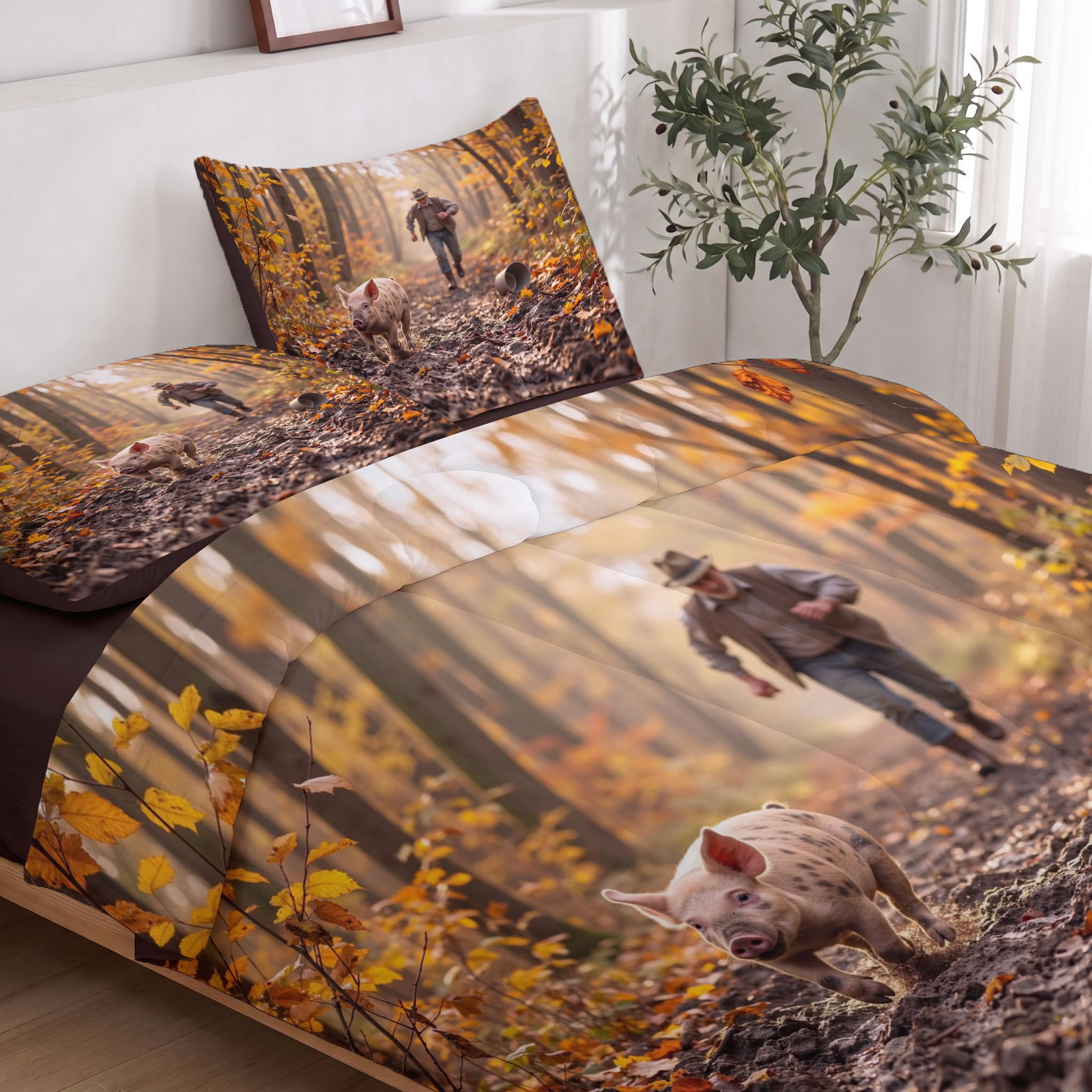 Orange Bettdecke 264X240 cm 4 Jahreszeiten, Waldfotografie Wende Steppdecke Waschbare | Herbstliche Charaktere Schwein Bettdecke Ohne Bezug, Schlafdecke Leicht Weiche Ganzjahresdecke