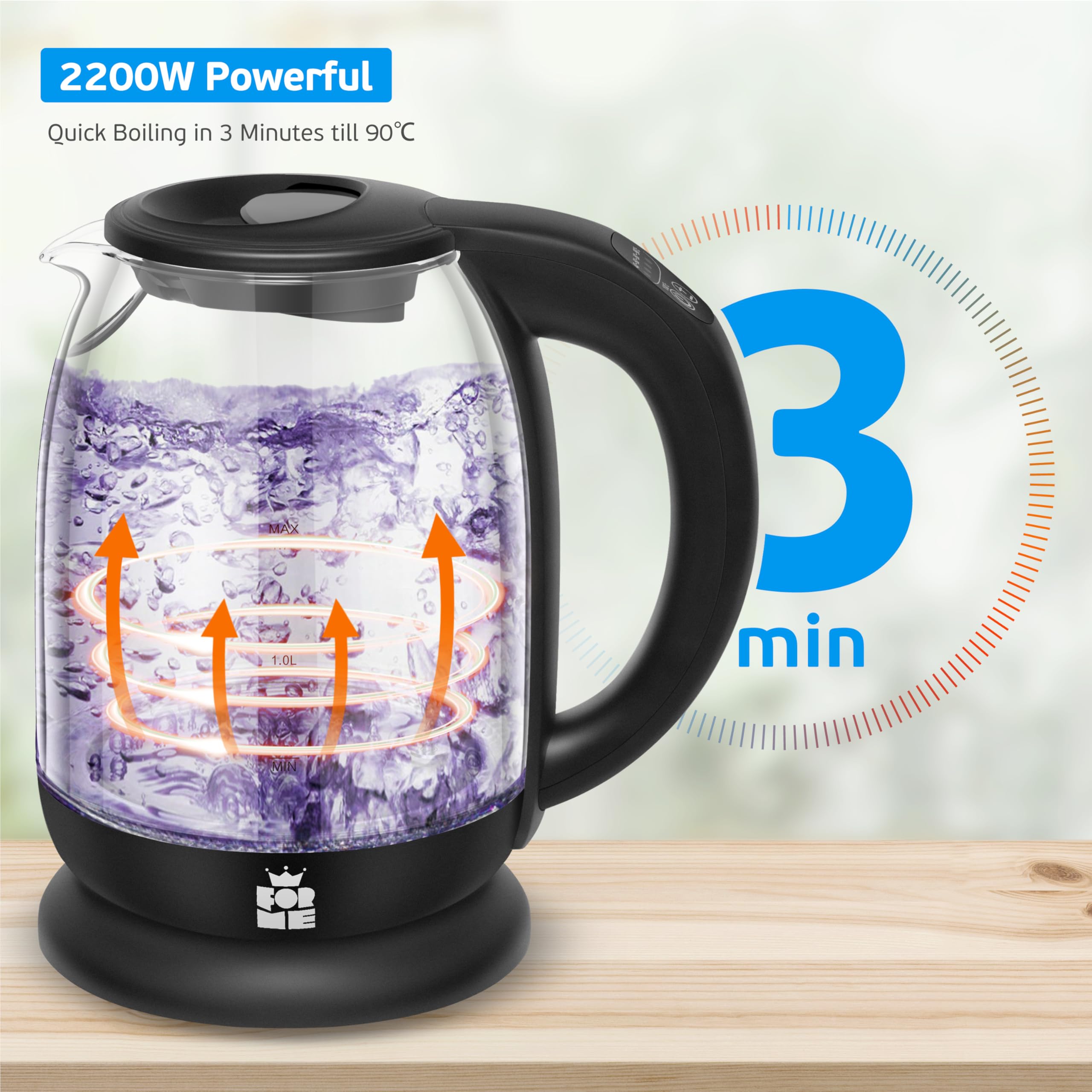 FOR ME Bollitore Elettrico in Vetro 1,7 L, Controllo della Temperatura, Temperatura Selezionabile da 40°C a 100°C, Illuminazione a LED a 5 Colori, Funzione di Mantenimento Caldo, Senza BPA