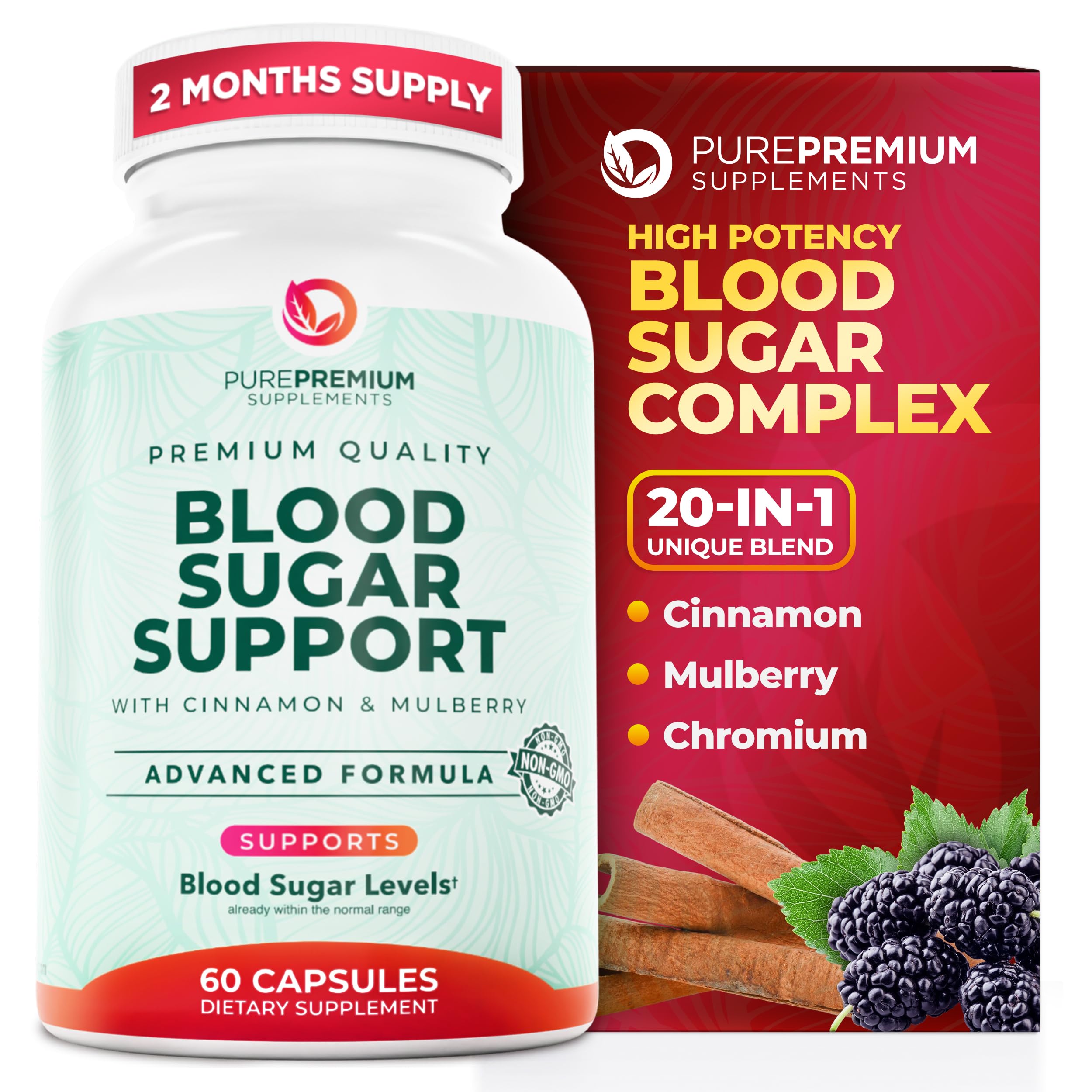 PurePremium Normal Blood Sugar Support Supplement - 20 Active Ingredients Complex to Support Blood Sugar Levels Already in The Normal Range - with Cinnamon, Bitter Melon, Chromium, Mulberry - 60ct
